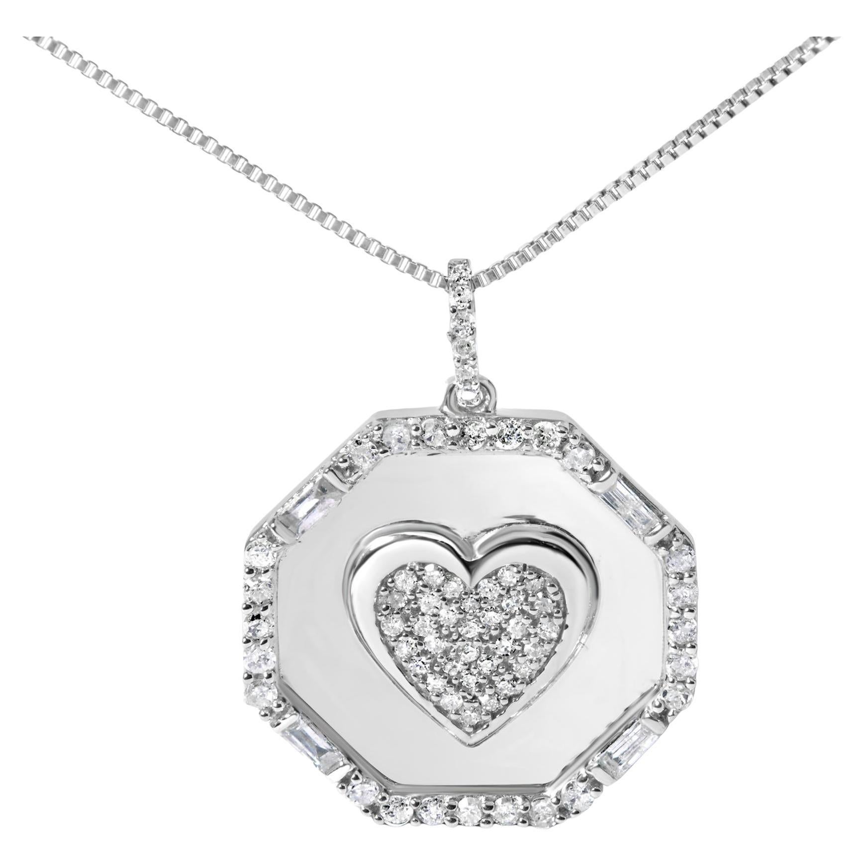 Sterling Silver 5/8 Cttw Diamond Mirror with Heart and Diamond Halo 18" Necklace