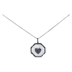 Sterling Silver 5/8ct Blue Treated Diamond Mirror & Heart Diamond Halo Necklace
