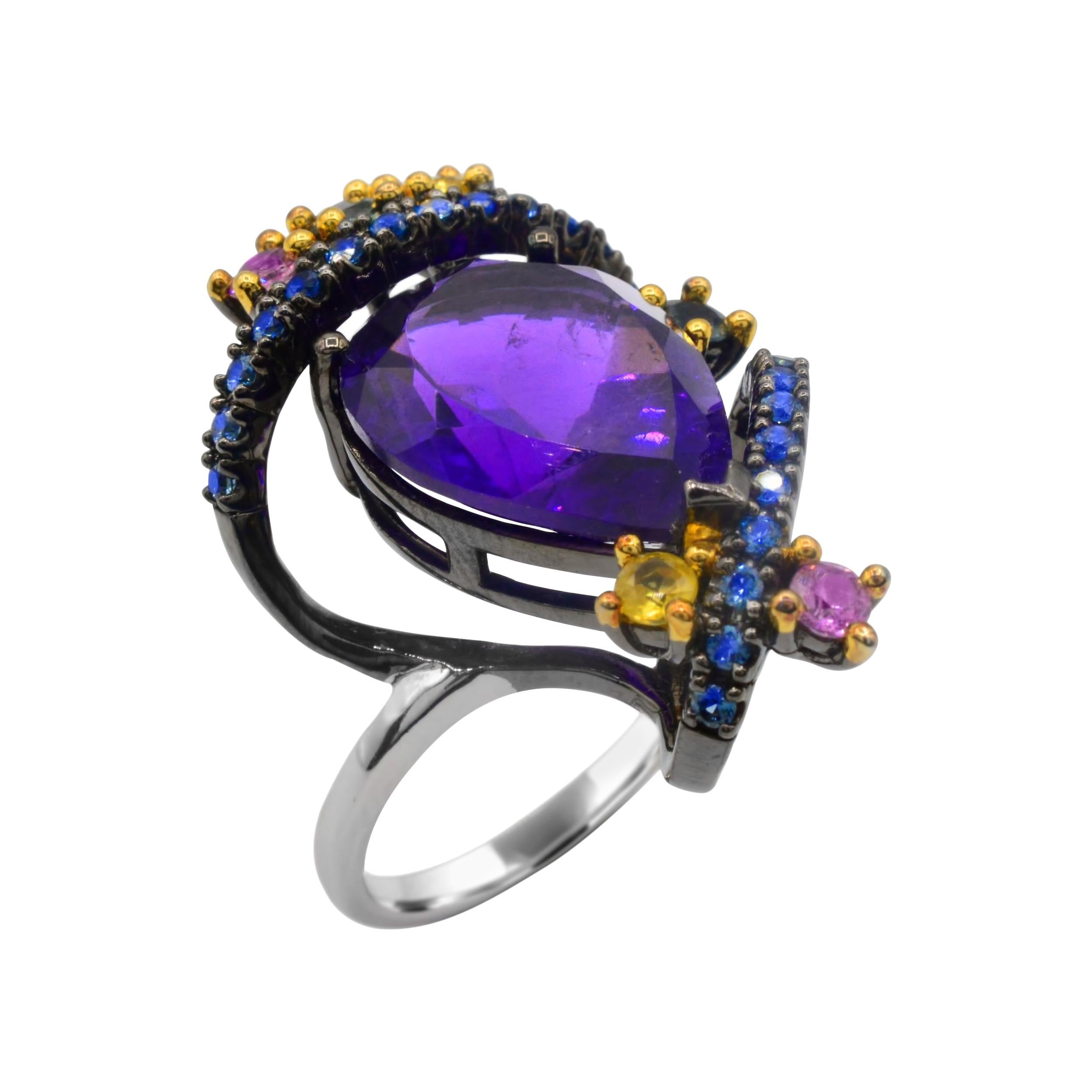 Sterling Silver 5.0 Carat Amethyst and Multi-Color Sapphire Cocktail Ring
