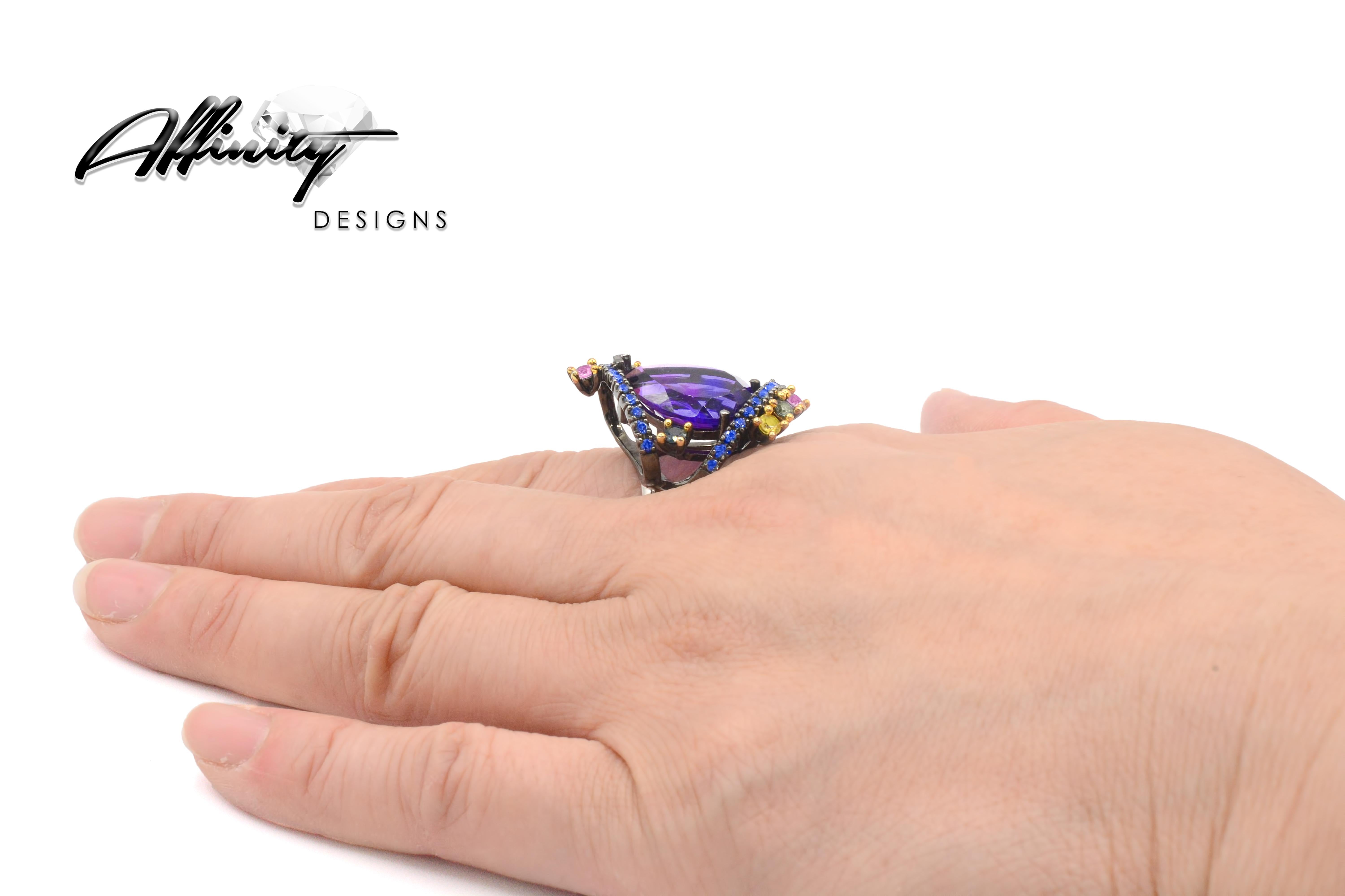 Sterling Silver 5.0 Carat Amethyst and Multi-Color Sapphire Cocktail Ring In New Condition In New York, NY