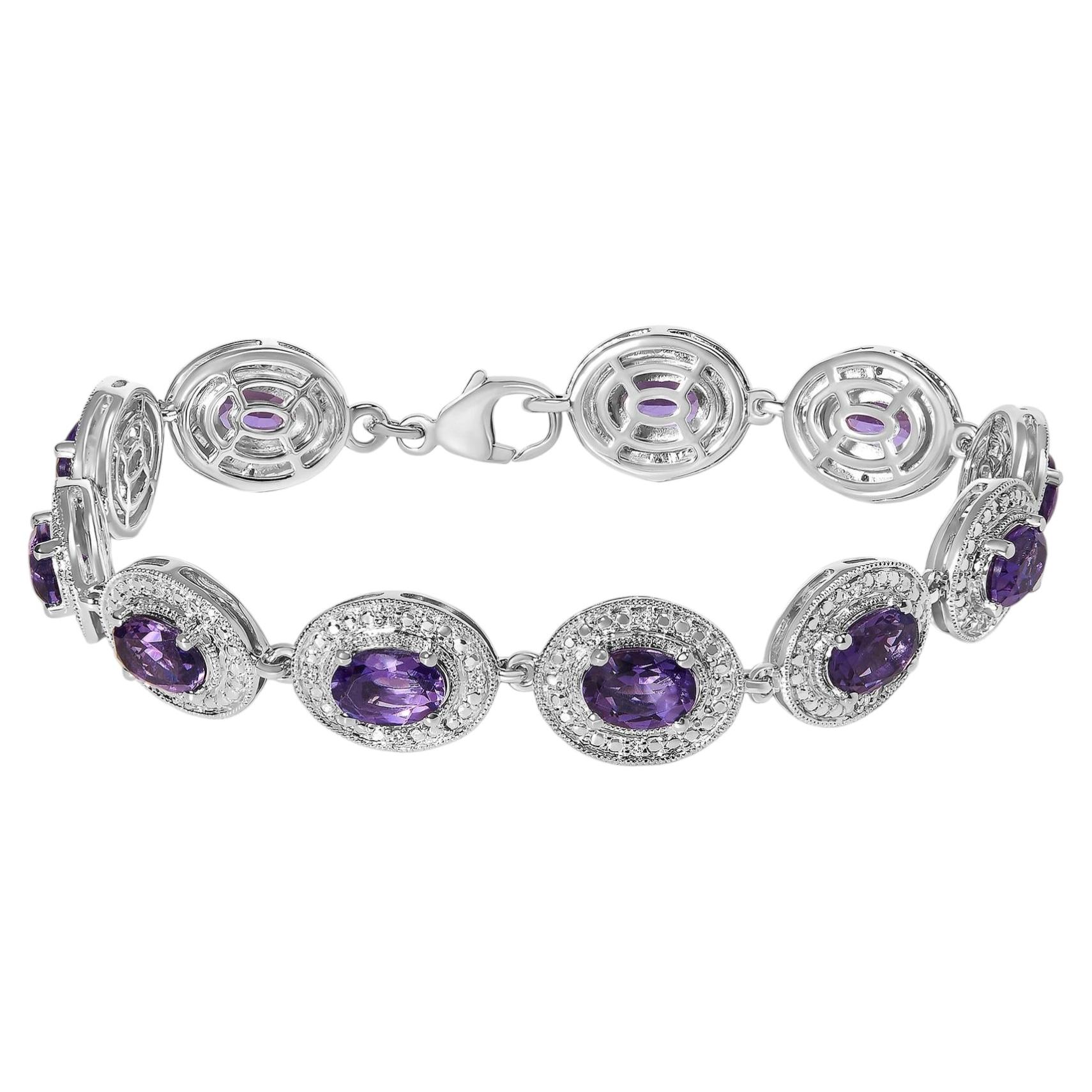 Sterling Silver 5x7 MM Oval Purple Amethyst & Diamond Halo Link Bracelet