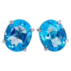 Sterling Silver 6.30ct Oval Swiss Blue Topaz Good Size Stud Earrings