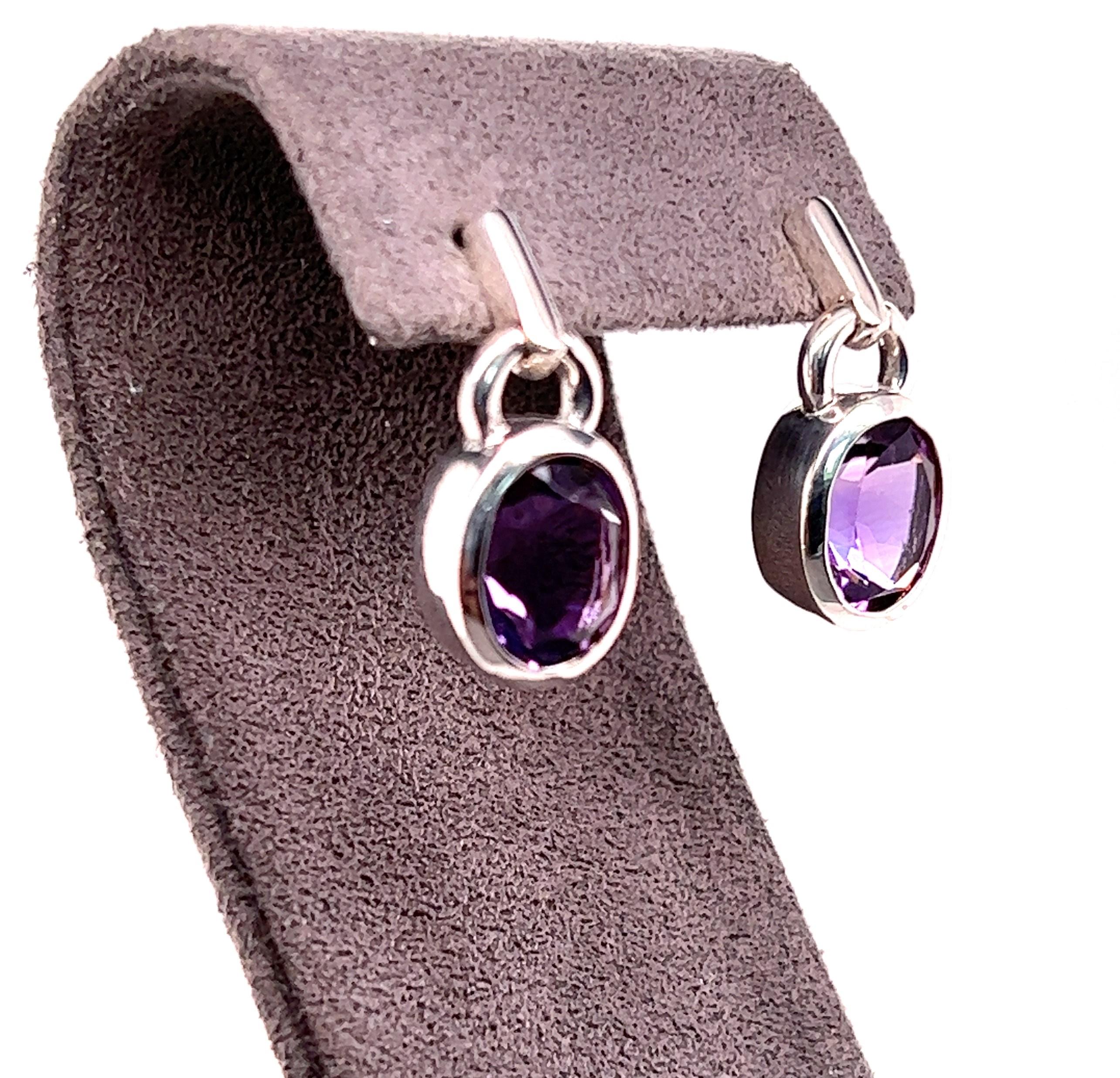 Women's or Men's Sterling Silver 6.78 Carat Amethyst Drop Earrings