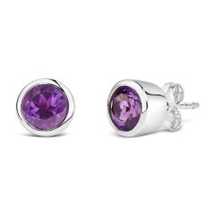 Sterling Silver 6MM Bezel Set Created Purple Amethyst Solitaire Stud Earrings