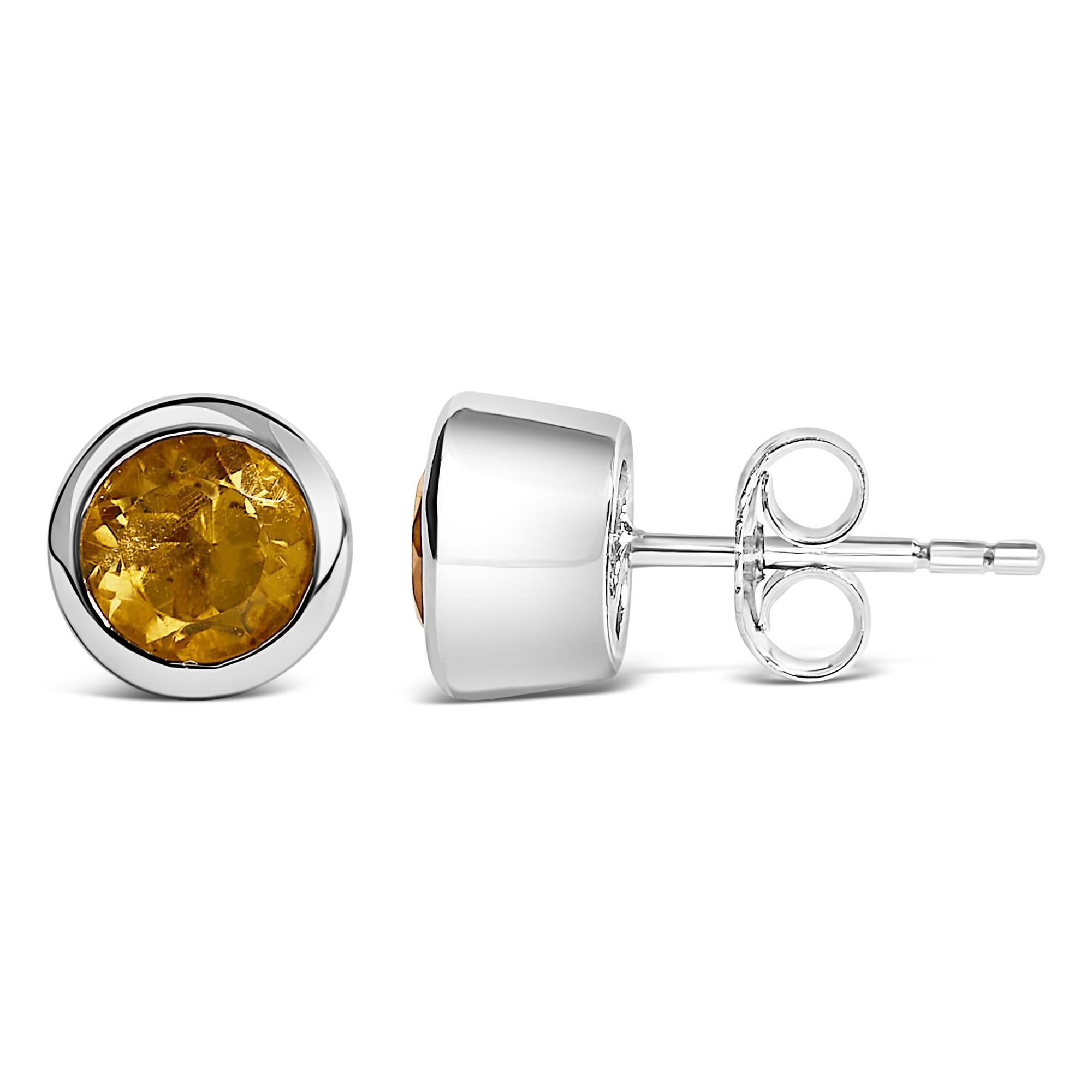Moderno Orecchini con castone in argento sterling da 6 mm con solitario di citrino giallo creato in vendita
