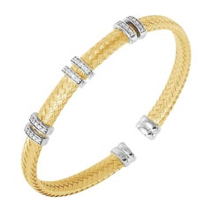 Sterling Silver 6mm Mesh Cuff with CZ, 2 Tone, 18K Gold and Rhodium Finish