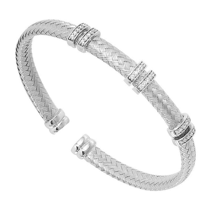 Modern Sterling Silver 6mm Mesh Cuff with CZ, Rhodium Finish For Sale