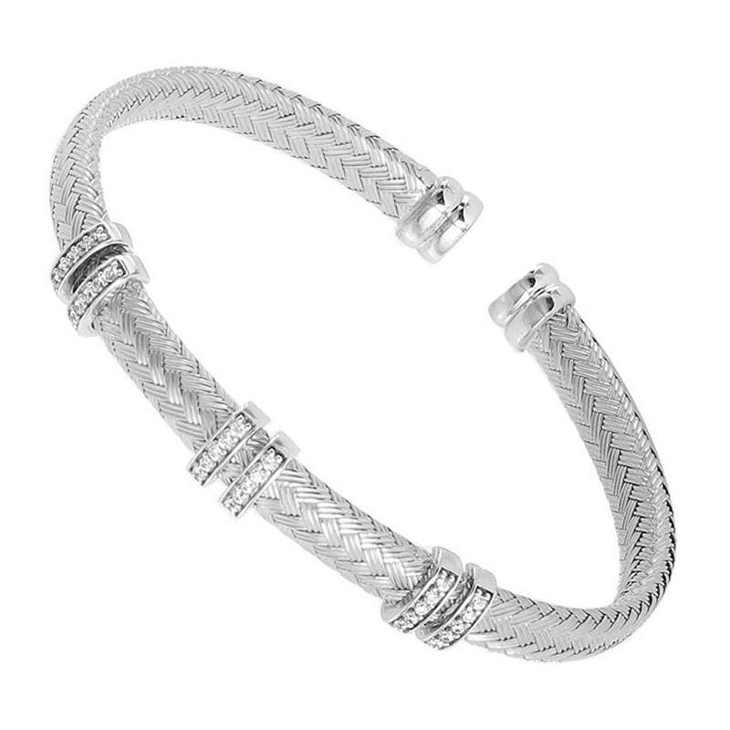 Sterling Silver 6mm Mesh Cuff with CZ, Rhodium Finish In New Condition For Sale In Dallas, TX
