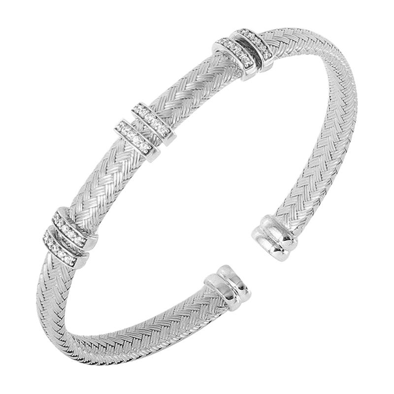 Sterling Silver 6mm Mesh Cuff with CZ, Rhodium Finish For Sale