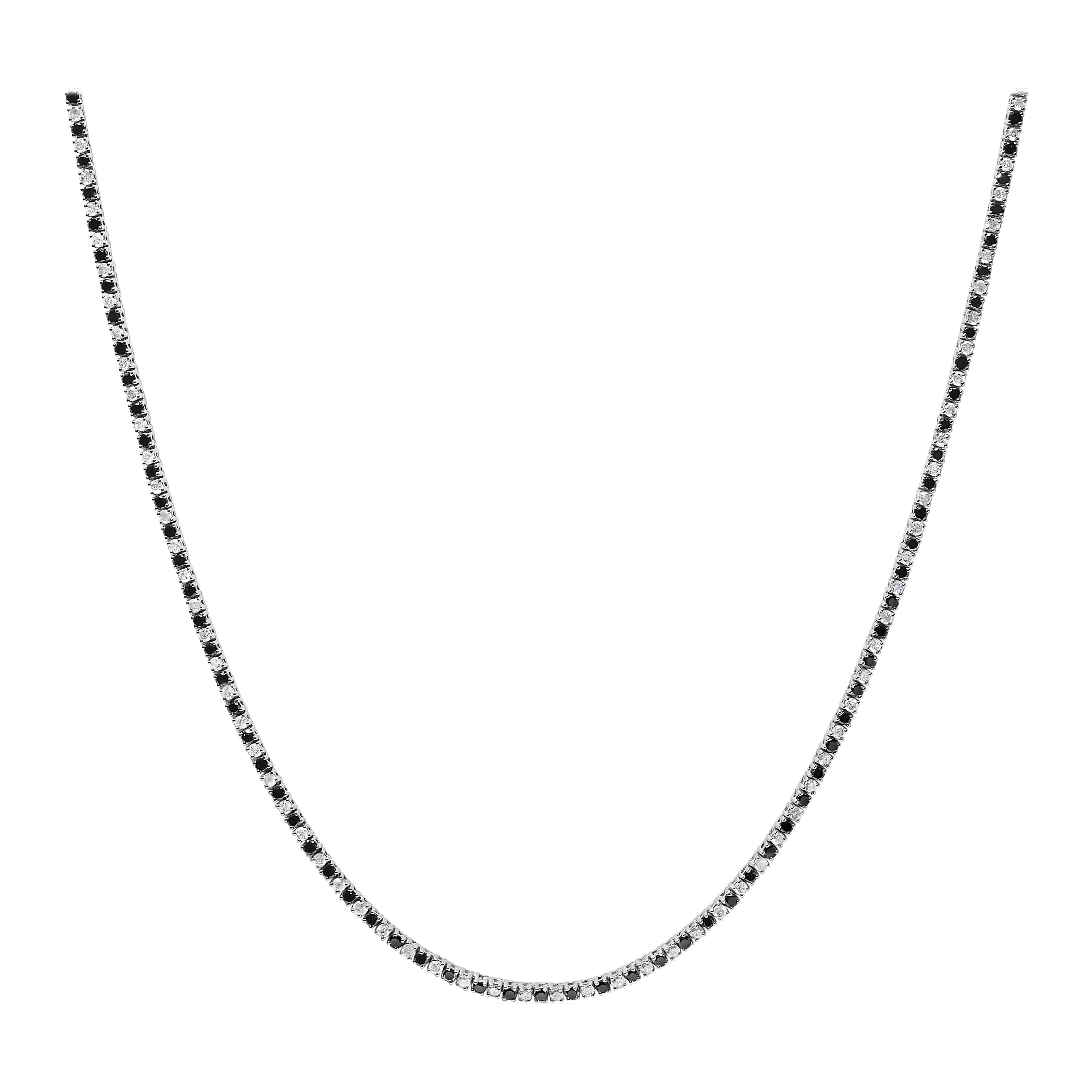Sterling Silver 7.0 Cttw Alternating White and Black Diamond Tennis Necklace