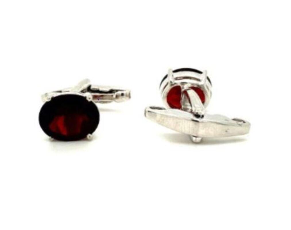 Sterling Silver 7.40 CTW Oval Garnet January Birthstone Cufflinks For Sale 2