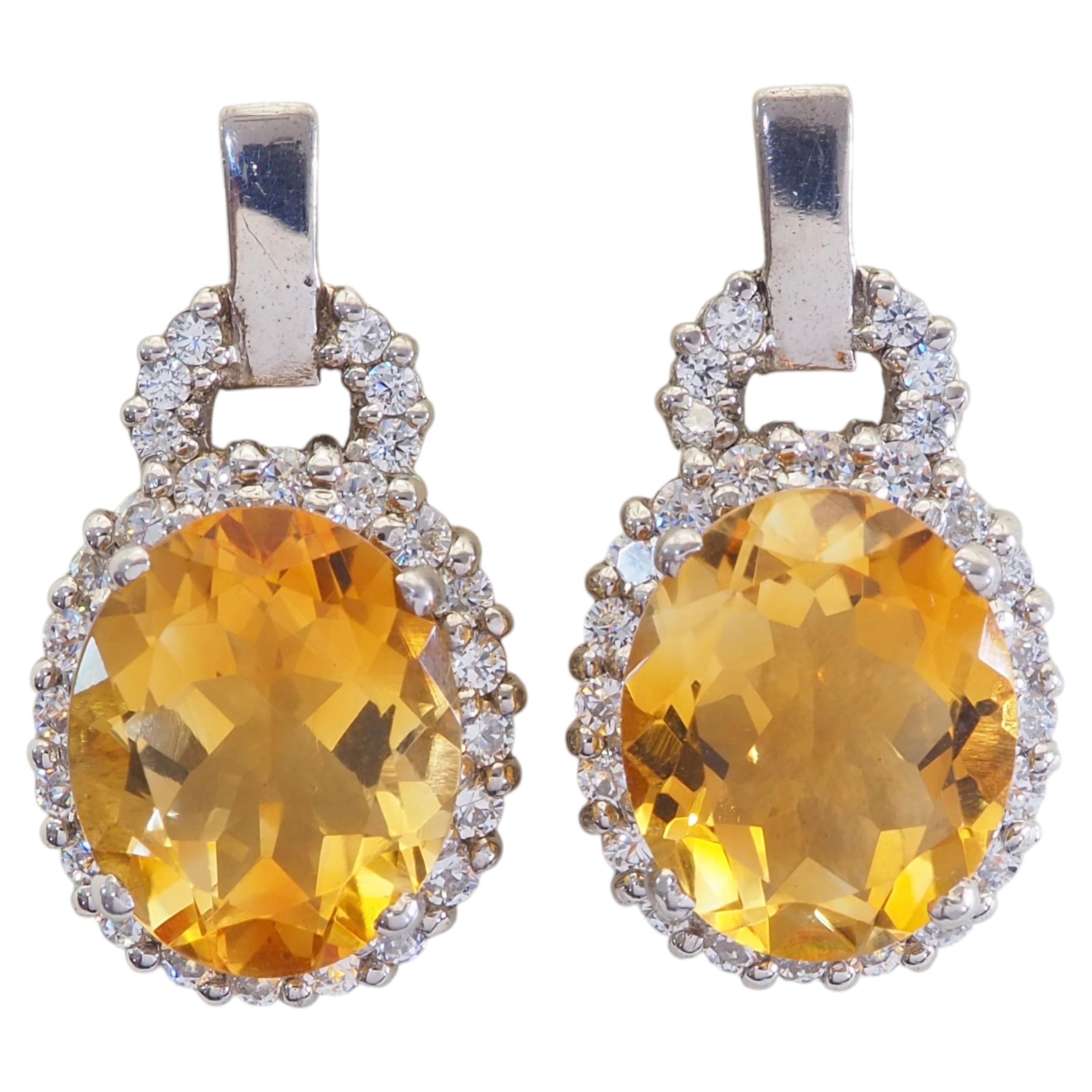 Sterling Silver 7.79ctw Oval Citrine & Quartz Halo Stud Earrings
