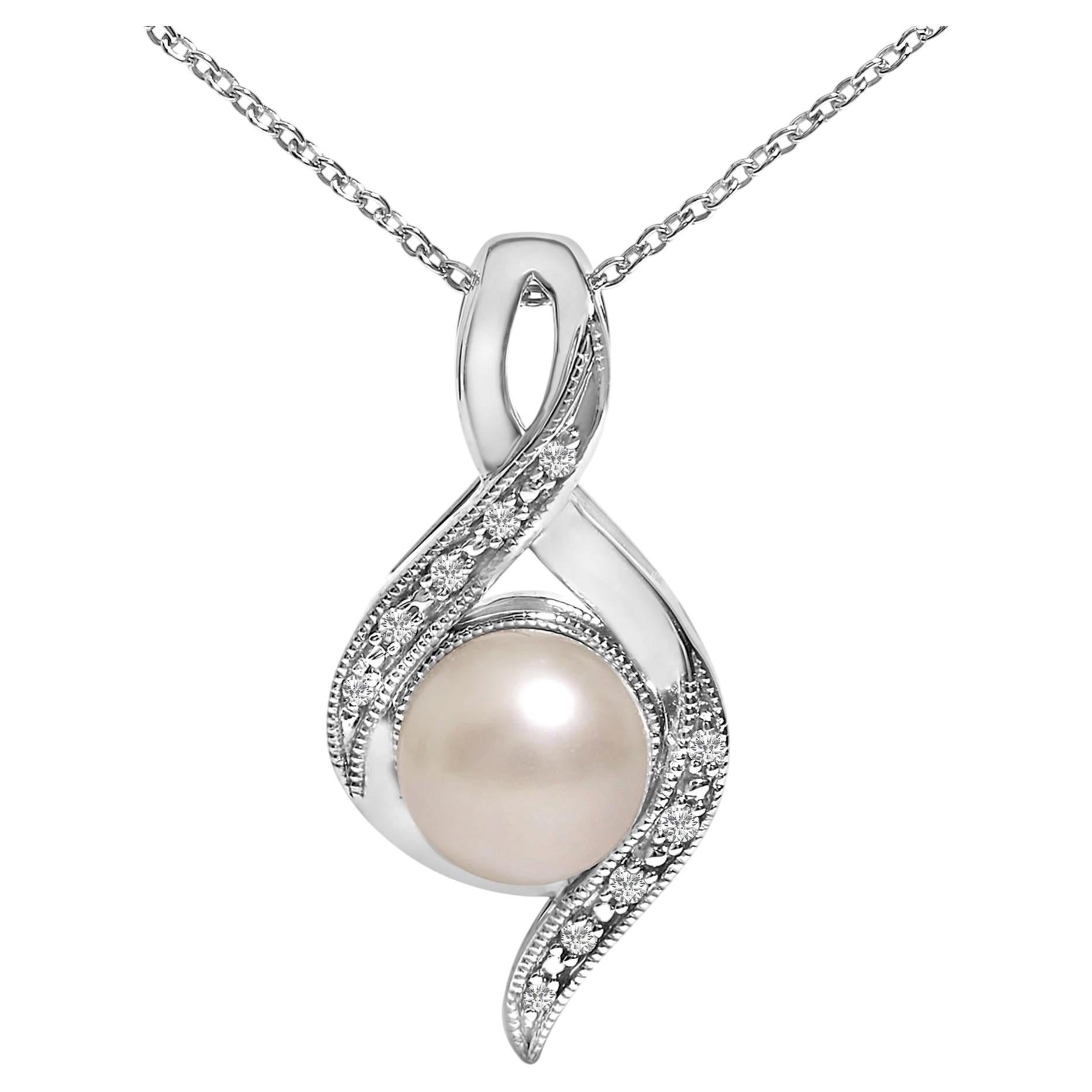 Sterling Silver 7mm Cultured Pearl and Diamond Accent Swirl Pendant Necklace For Sale