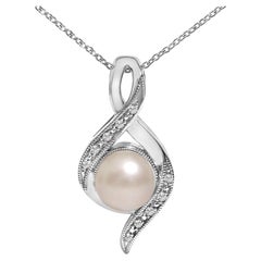 Sterling Silver 7mm Cultured Pearl and Diamond Accent Swirl Pendant Necklace