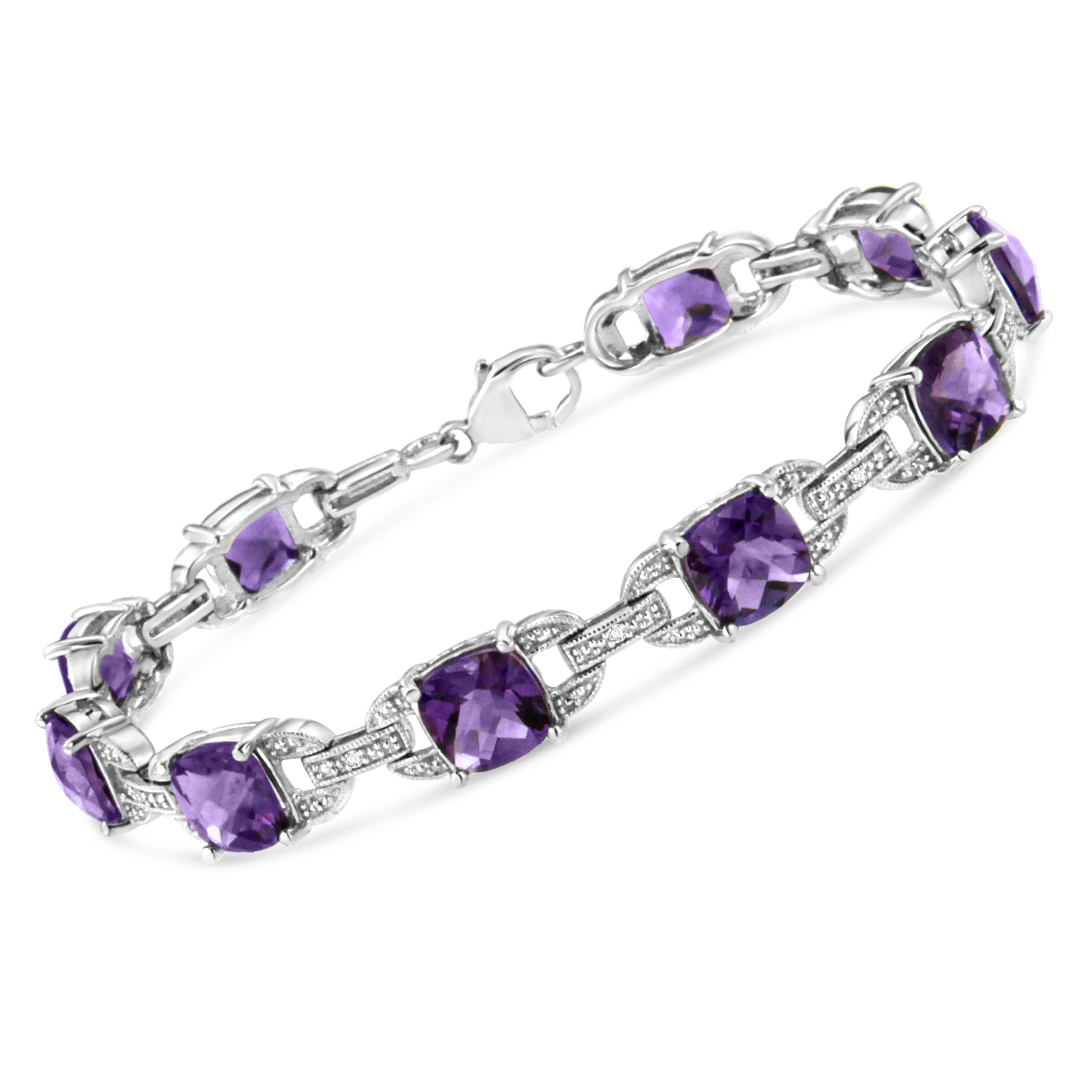 Classy and feminine, this amethyst and diamond tennis bracelet is designed especially for your lady love. Styled in remarkable sterling silver this bracelet is embellished with 10 alluring prong set cushion cut amethyst accentuated by 10 brilliant