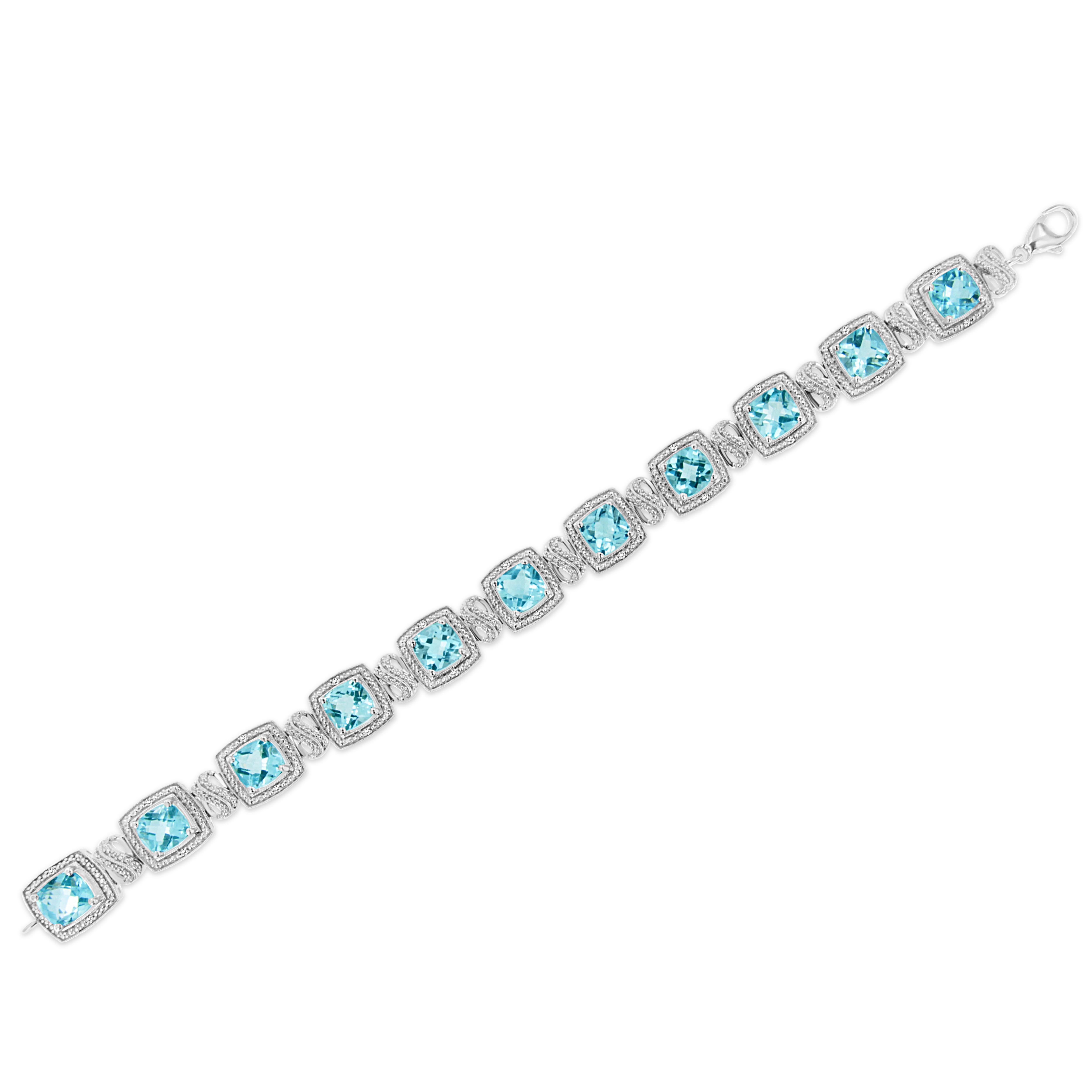 Contemporary Sterling Silver 7x7MM Blue Topaz & 1/10cttw Diamond Square Shape Tennis Bracelet