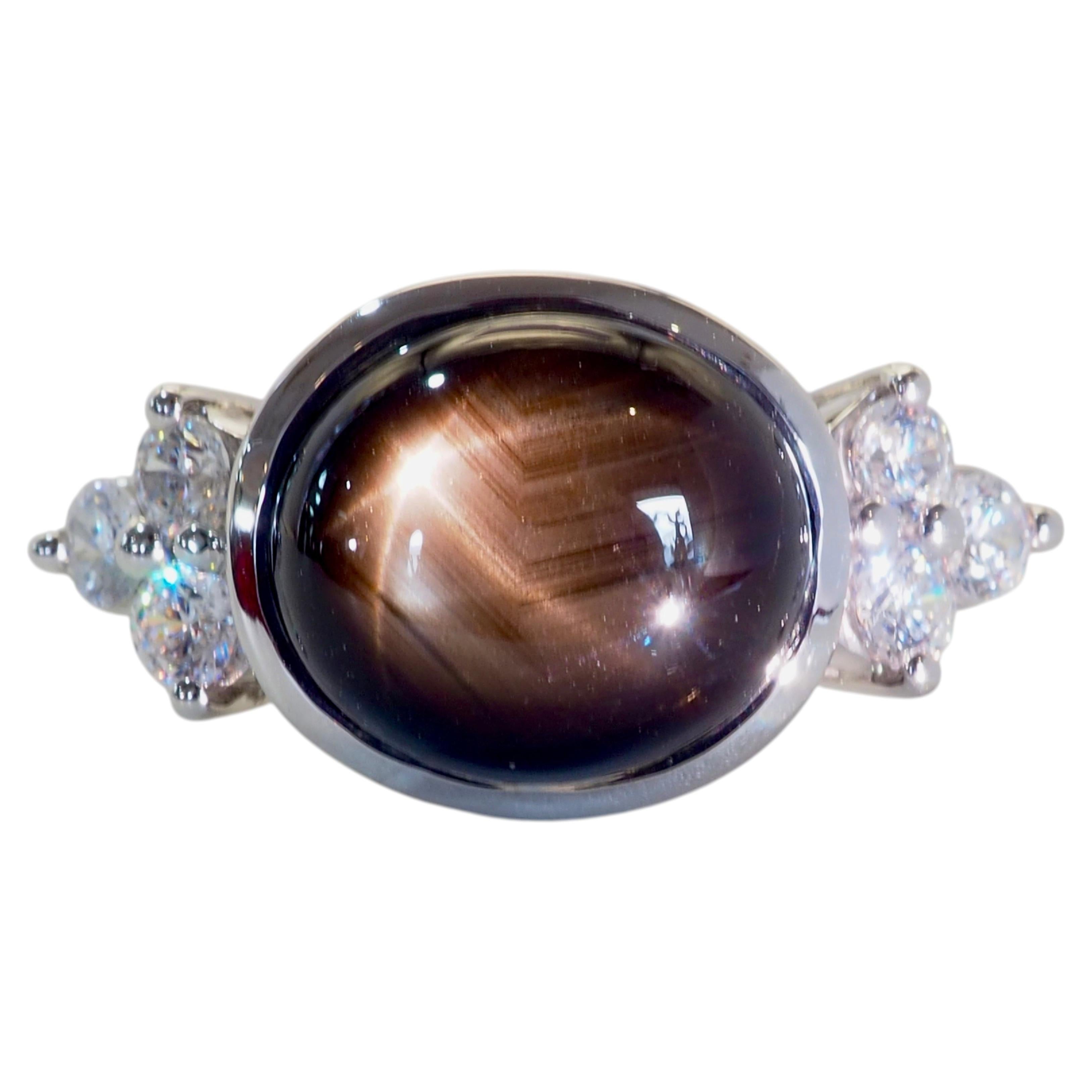 Sterling Silver 8.70ct Black Star Sapphire & Quartz East West Ring, Size 7.75