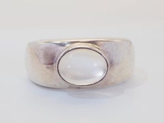 Sterling Silver 9.1x6.5 mm Cabochon Moonstone Bezel Wide Band Ring, Size 8.25