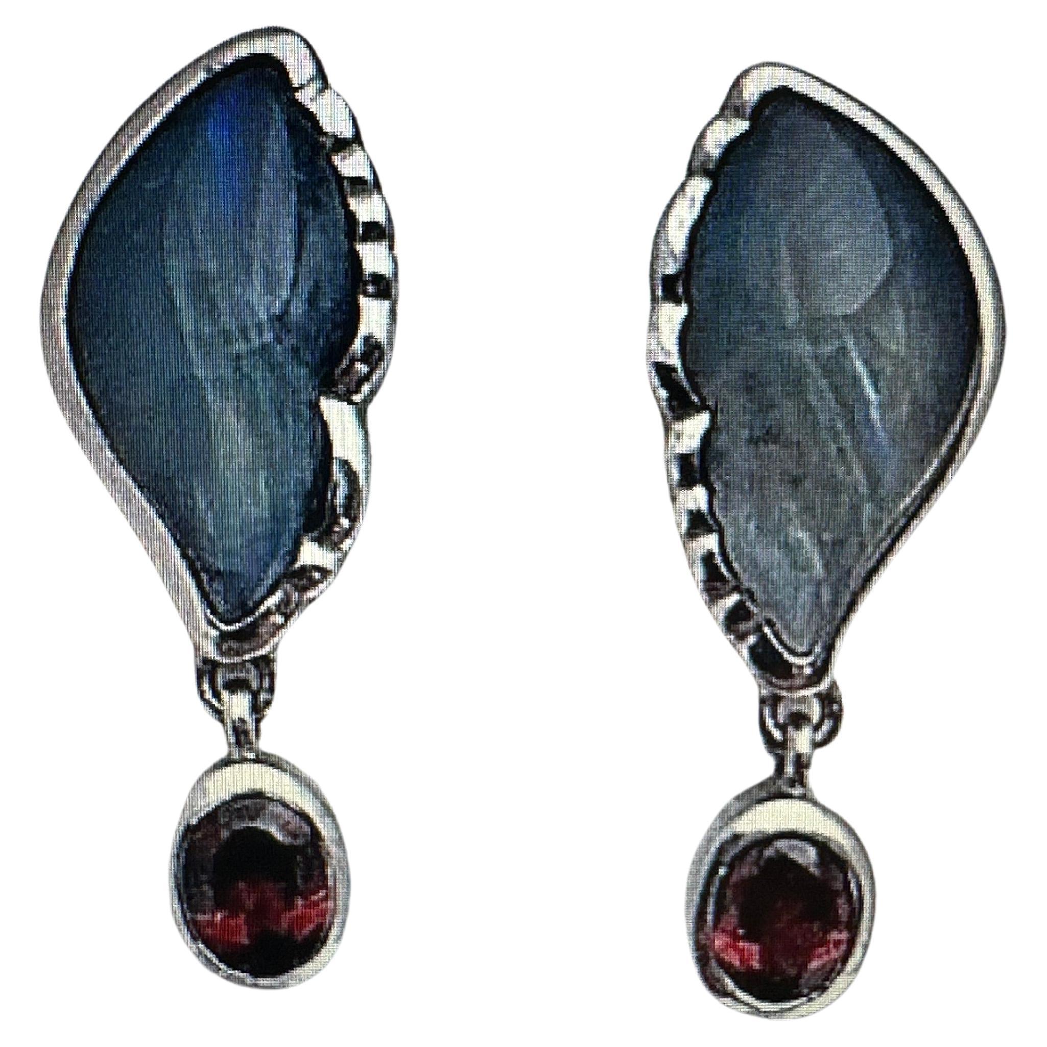 Sterling Silver .925 1/2" x 1 1/2" Opal And Rhodolite Garnet Dangle Earrings For Sale