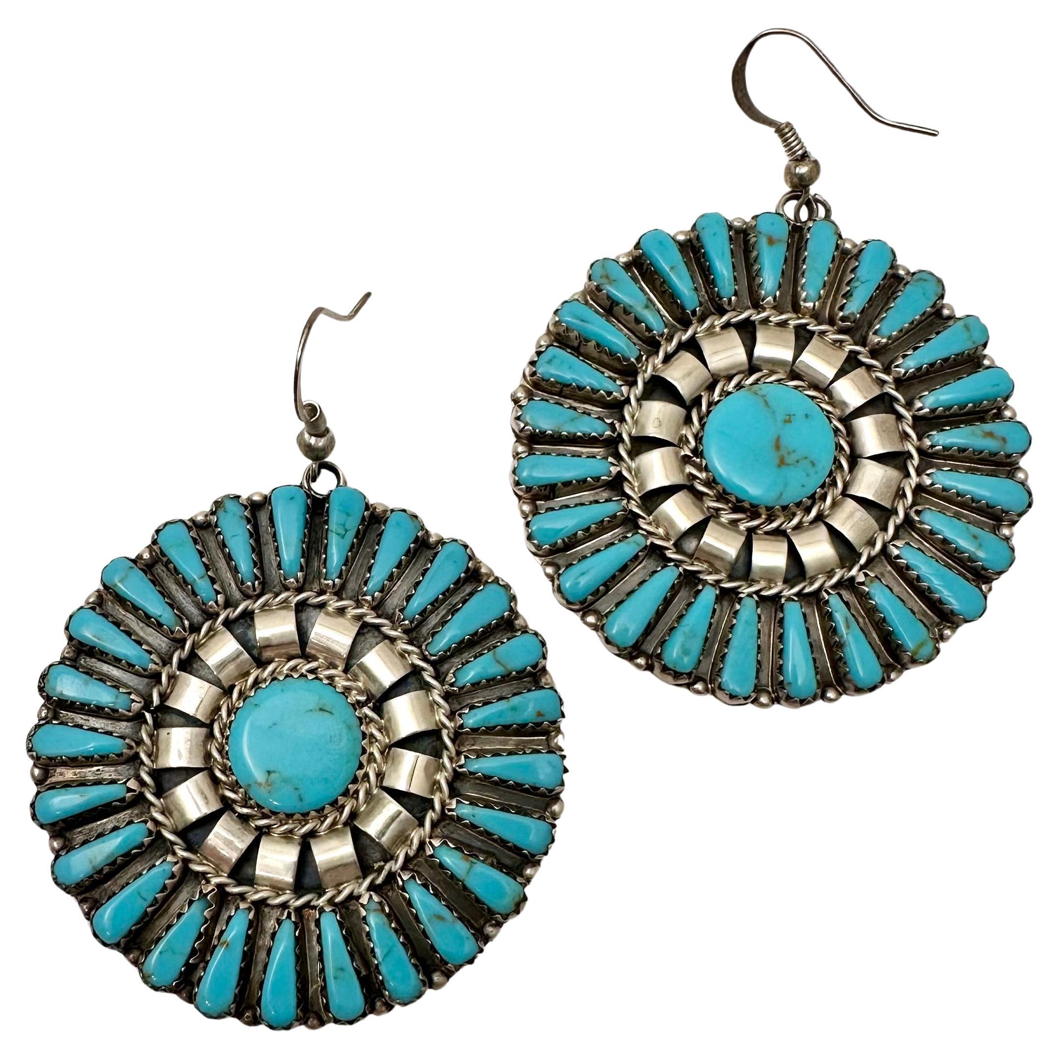 Sterling Silver .925 1 3/4" Round Turquoise Earrings Navajo Artist Leander Nez  For Sale