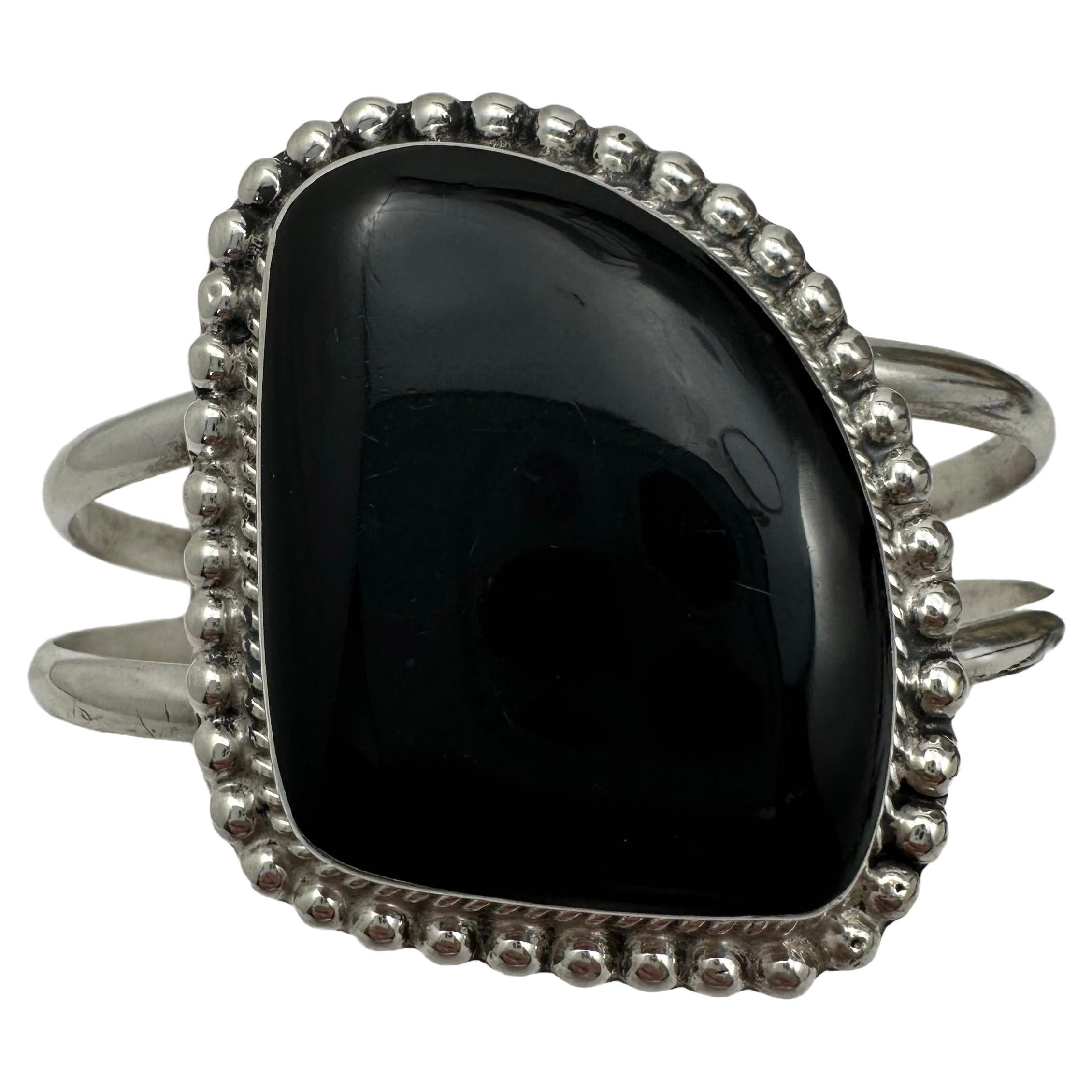 Sterling Silver .925 1 3/4" Wide Black Onyx Cuff Bracelet For Sale