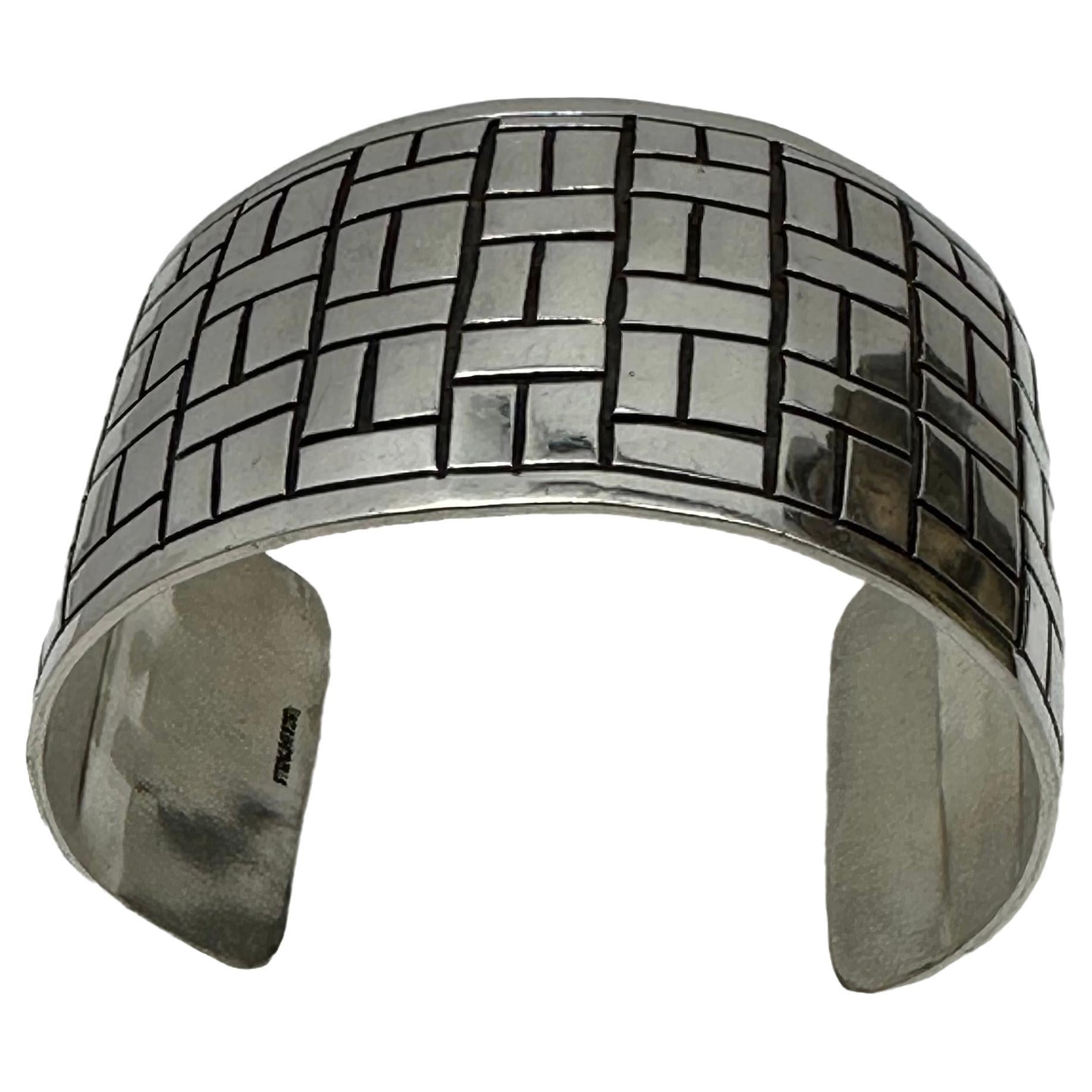 Sterling Silver .925 1 3/4" Wide SOLID Rectangular Patterned Cuff Bracelet For Sale