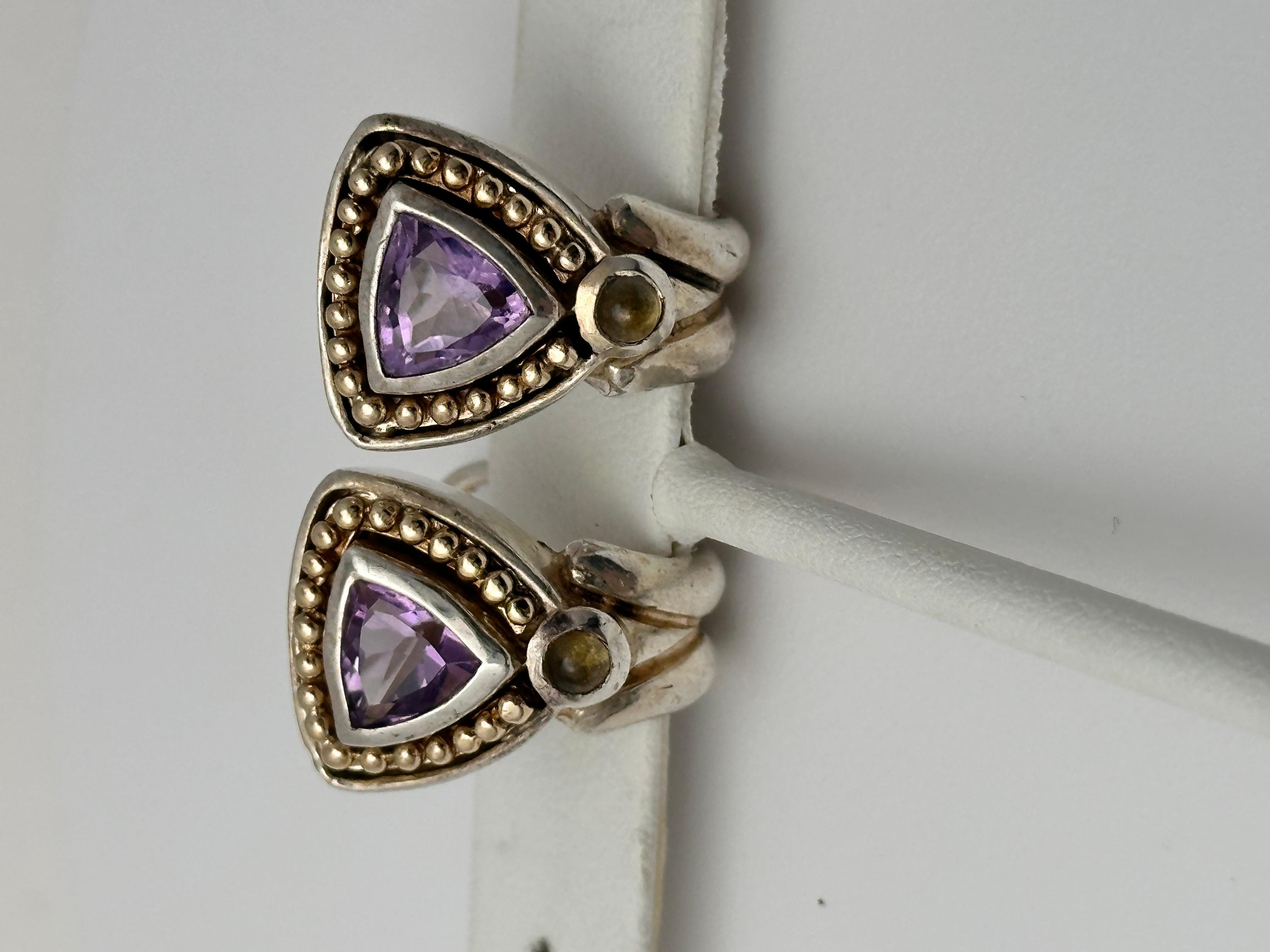 Artisan Sterling Silver .925 14kt Gold Amethyst And Citrine Lever Back Post Earrings For Sale