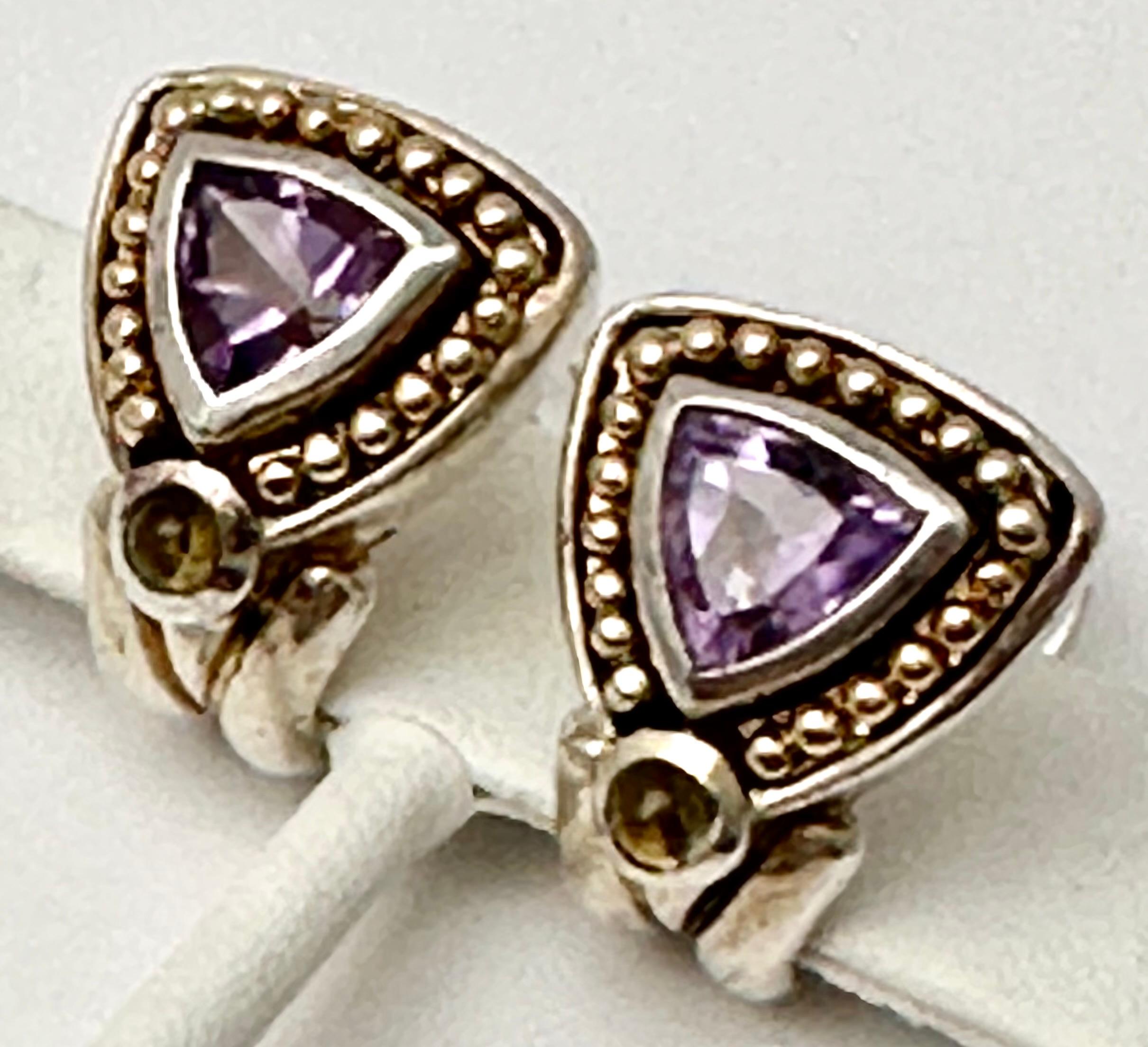 Trillion Cut Sterling Silver .925 14kt Gold Amethyst And Citrine Lever Back Post Earrings For Sale