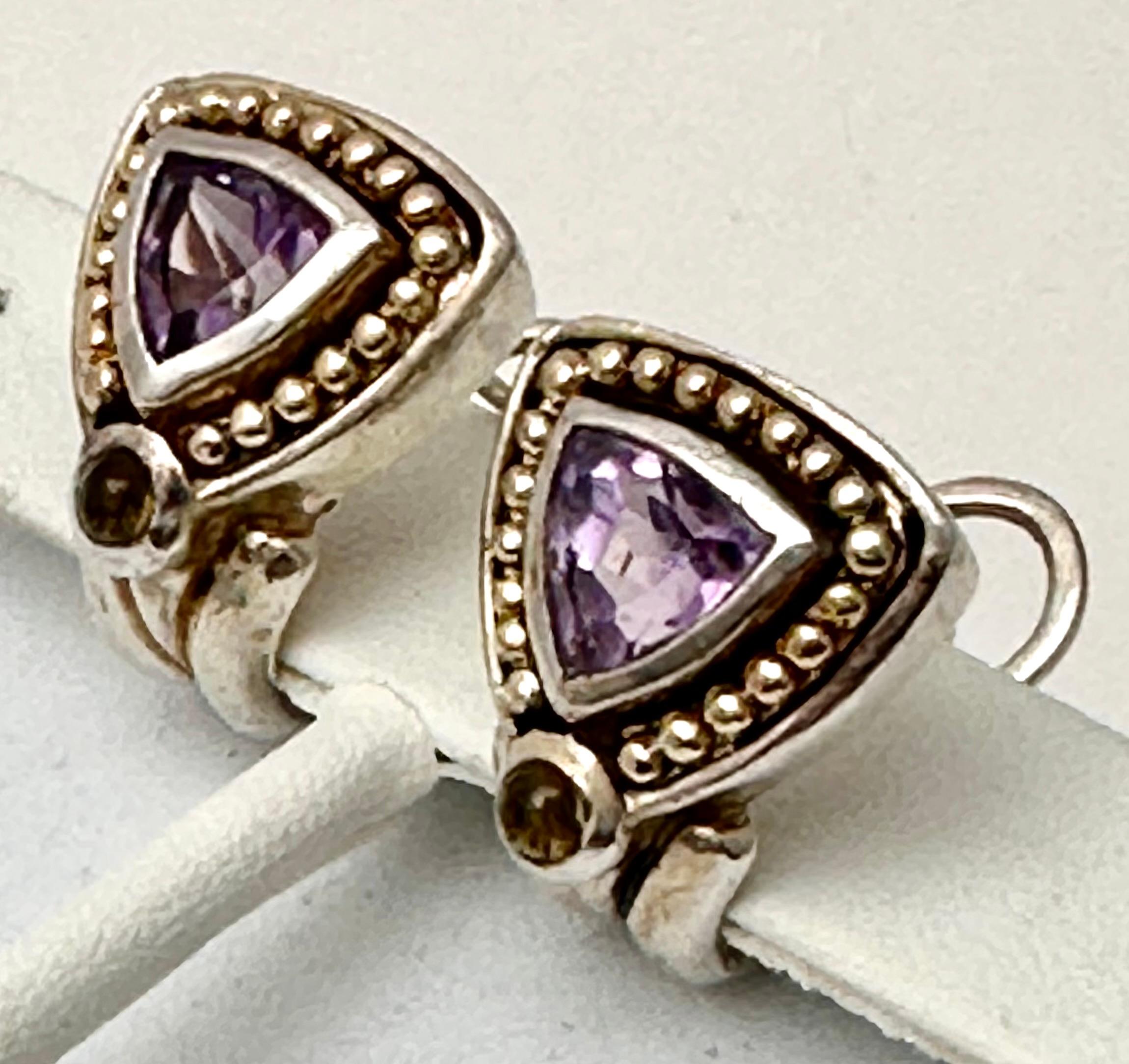 Sterling Silver .925 14kt Gold Amethyst And Citrine Lever Back Post Earrings In New Condition For Sale In Las Vegas, NV