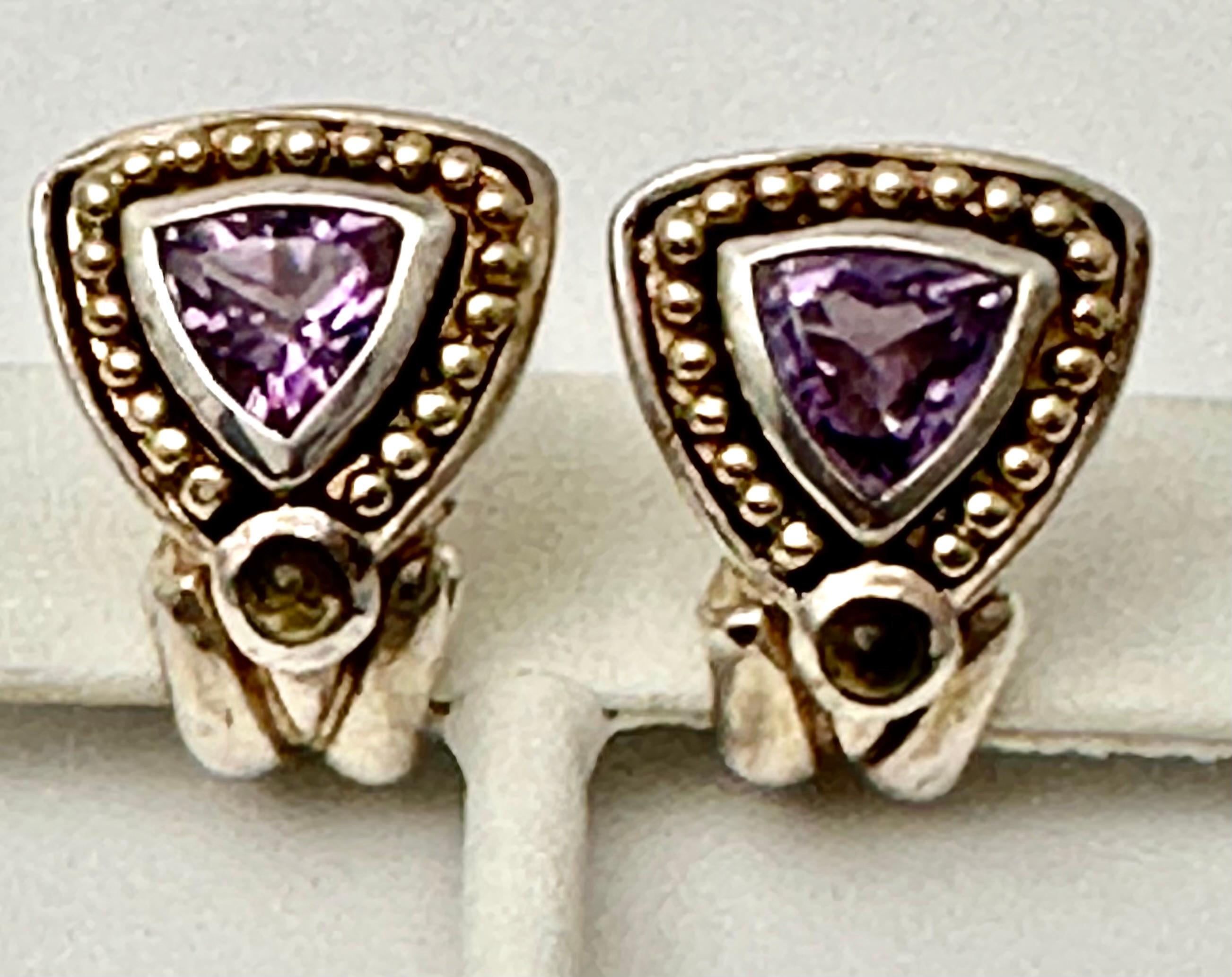 Women's or Men's Sterling Silver .925 14kt Gold Amethyst And Citrine Lever Back Post Earrings For Sale