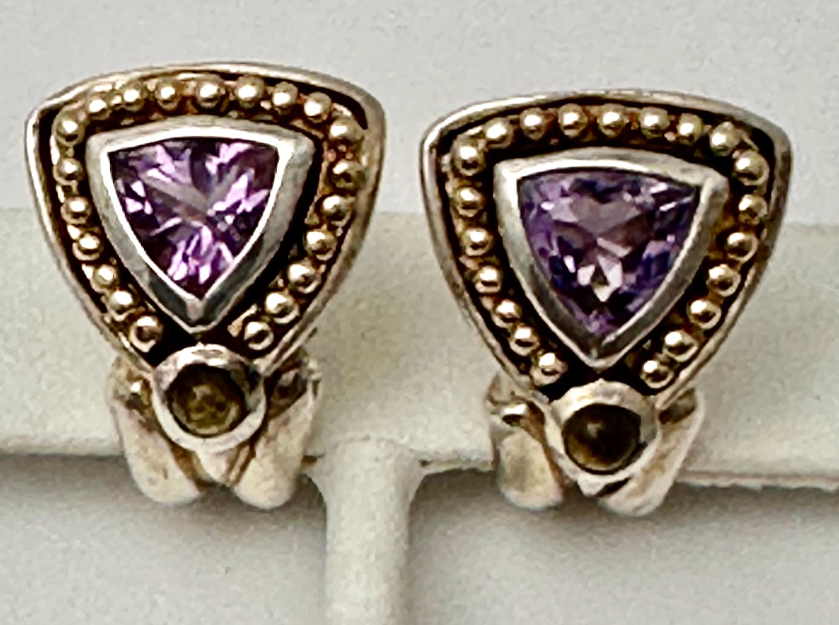 Sterling Silver .925 14kt Gold Amethyst And Citrine Lever Back Post Earrings For Sale 1