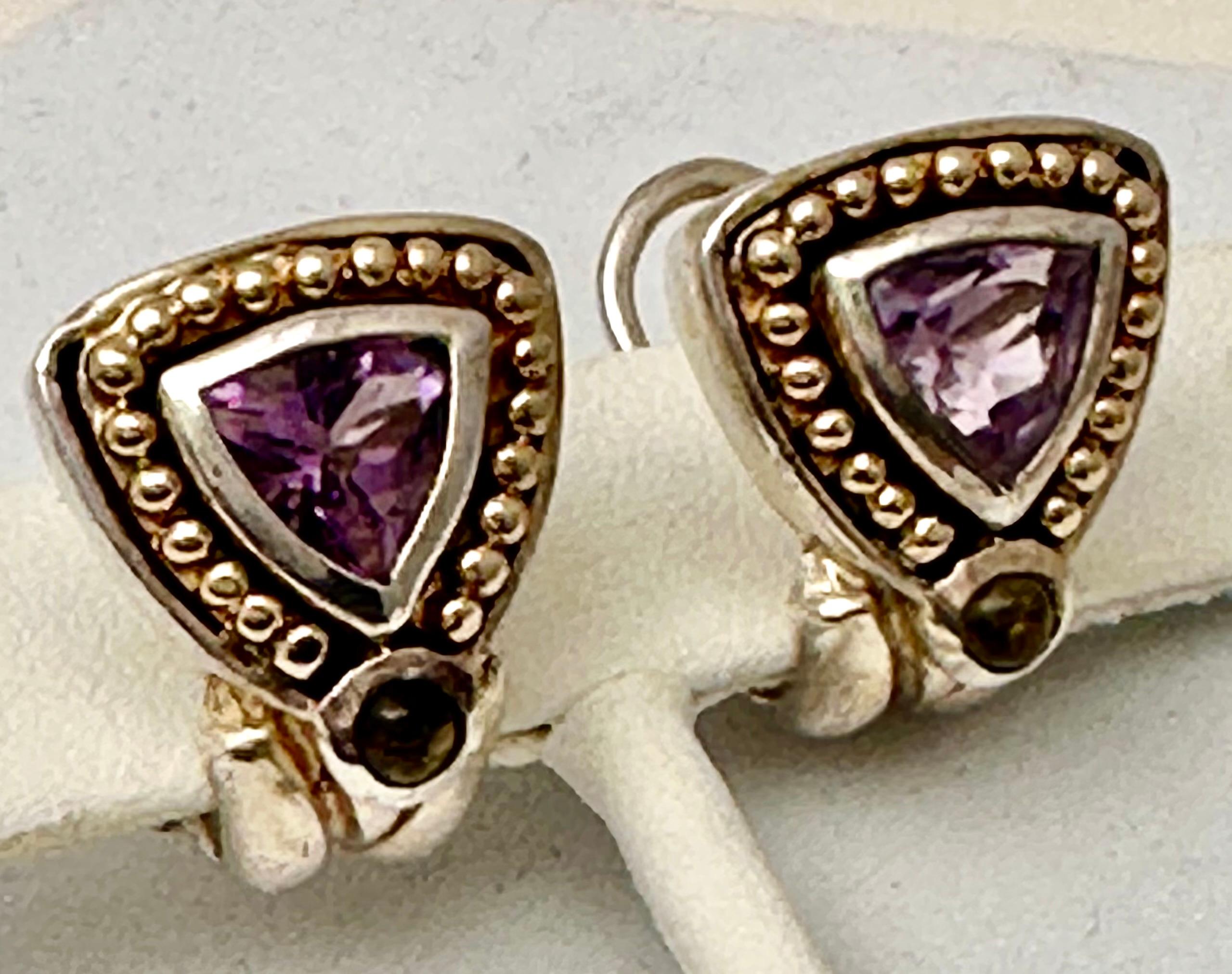 Sterling Silver .925 14kt Gold Amethyst And Citrine Lever Back Post Earrings For Sale 2