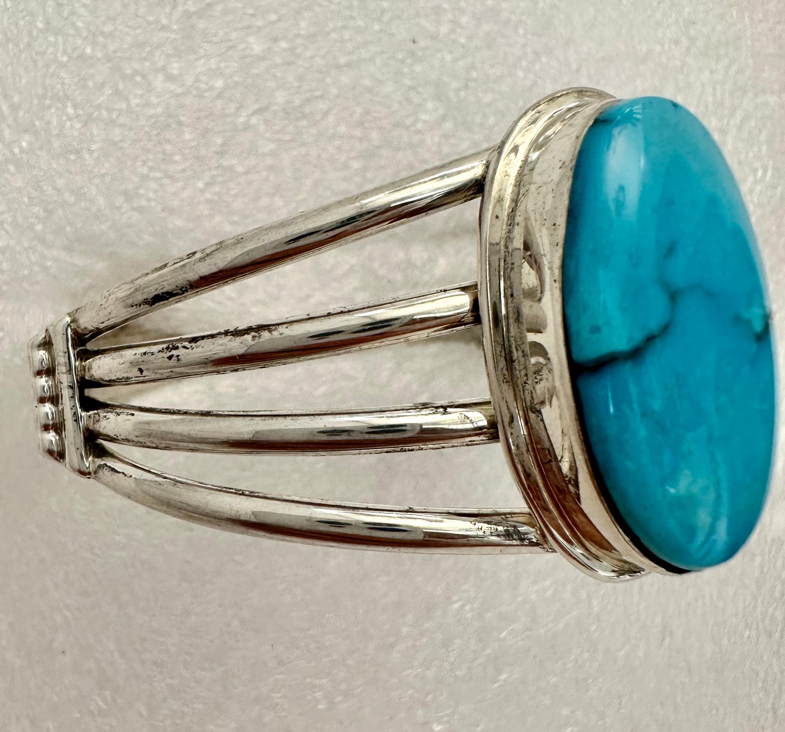 Oval Cut Sterling Silver .925 18mm x 29mm Oval Sleeping Beauty Turquoise Cuff Bracelet For Sale