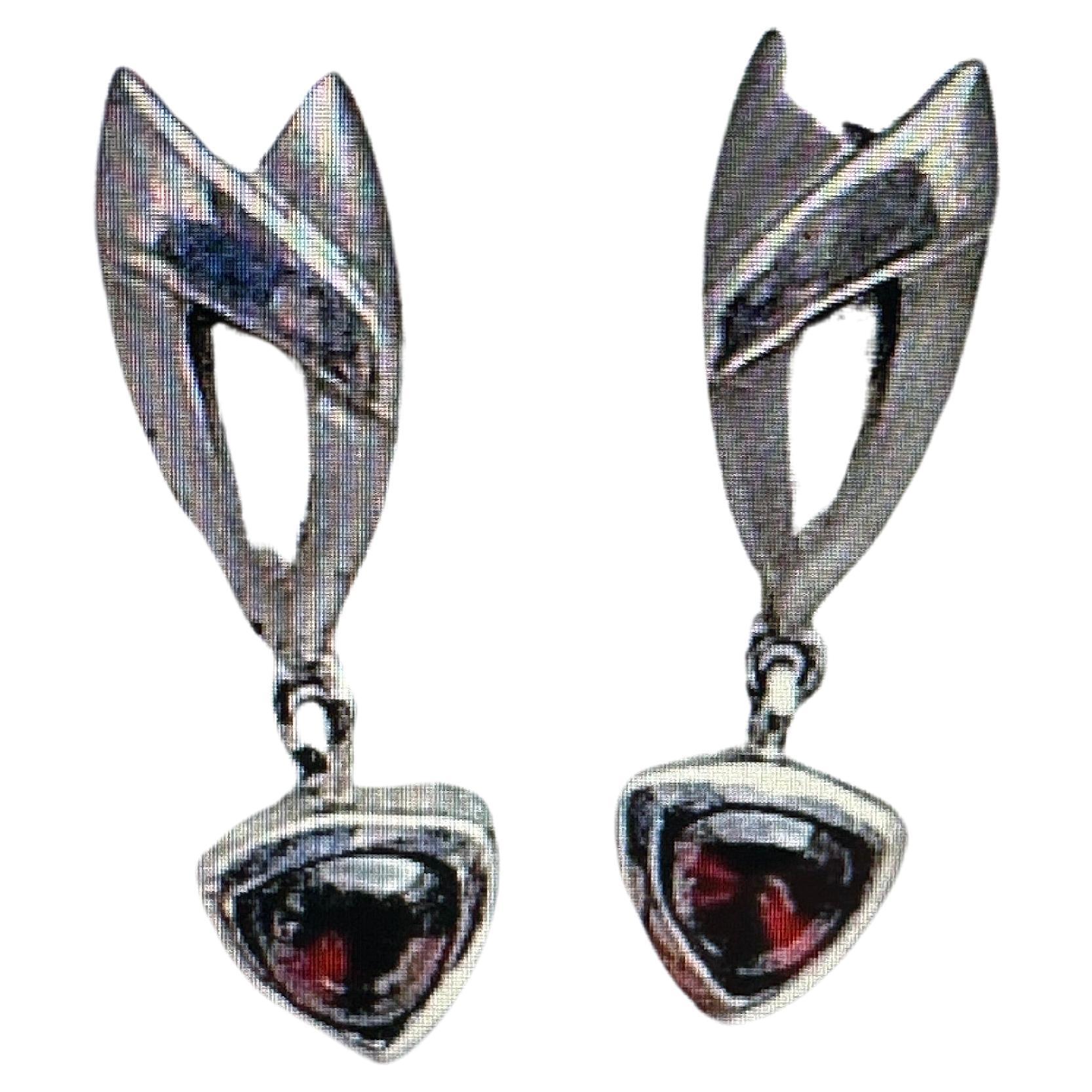 Sterling Silver .925 3/8" x 1 1/4" Trillion Cut Rhodolite Garnet Dangle Earrings For Sale