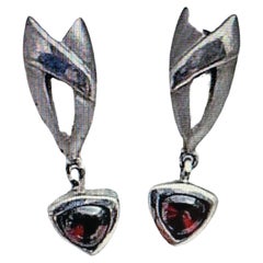 Sterling Silver .925 3/8" x 1 1/4" Trillion Cut Rhodolite Garnet Dangle Earrings