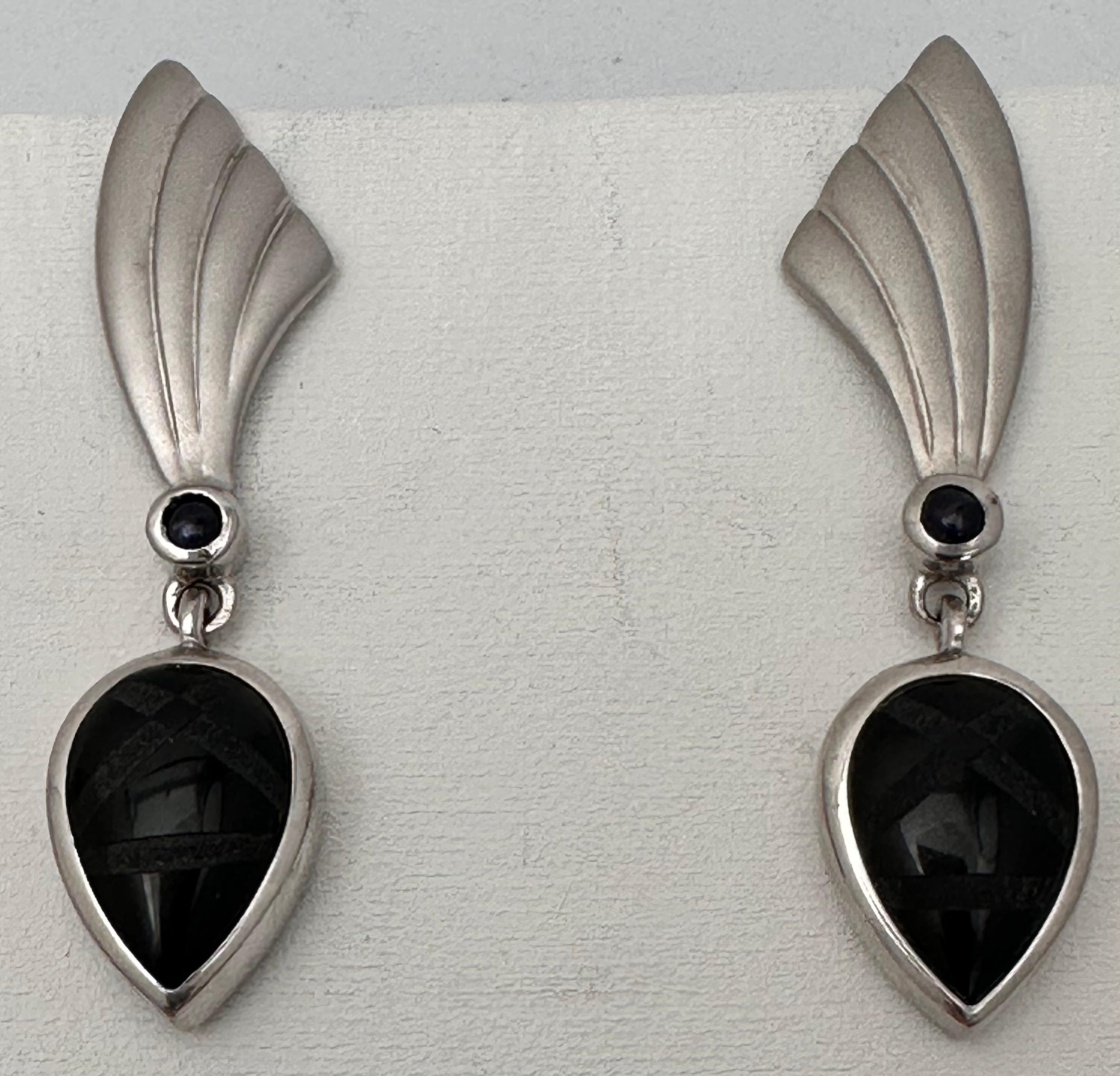 Designer Handmade Sterling Silver .925 3mm Sapphire Cabochons with Etched Pear Shaped Onyx Earrings
approx. 1/2