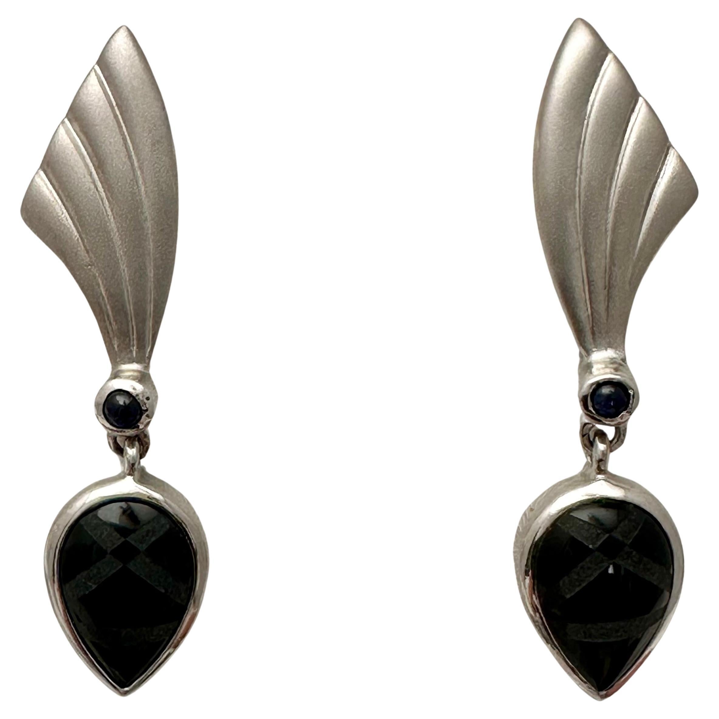 Sterling Silver .925 3mm Sapphire Cabs Pear Shape Onyx 1/2" x 2" Dangle Earrings For Sale