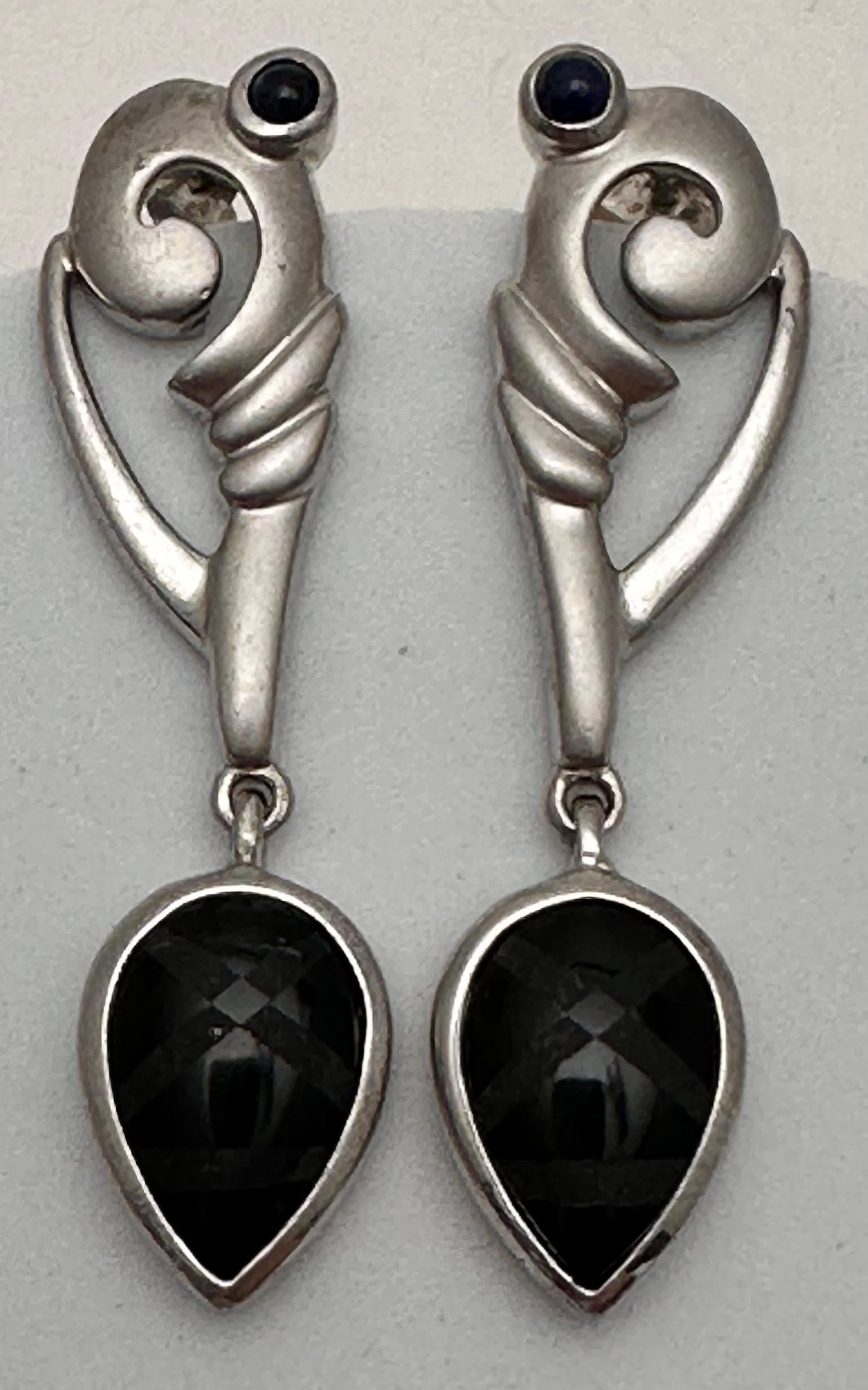 Sterling Silver .925 4mm Sapphire Cabochons and  Pear Shape Etched Onyx Dangle Earrings
approx. 1/2