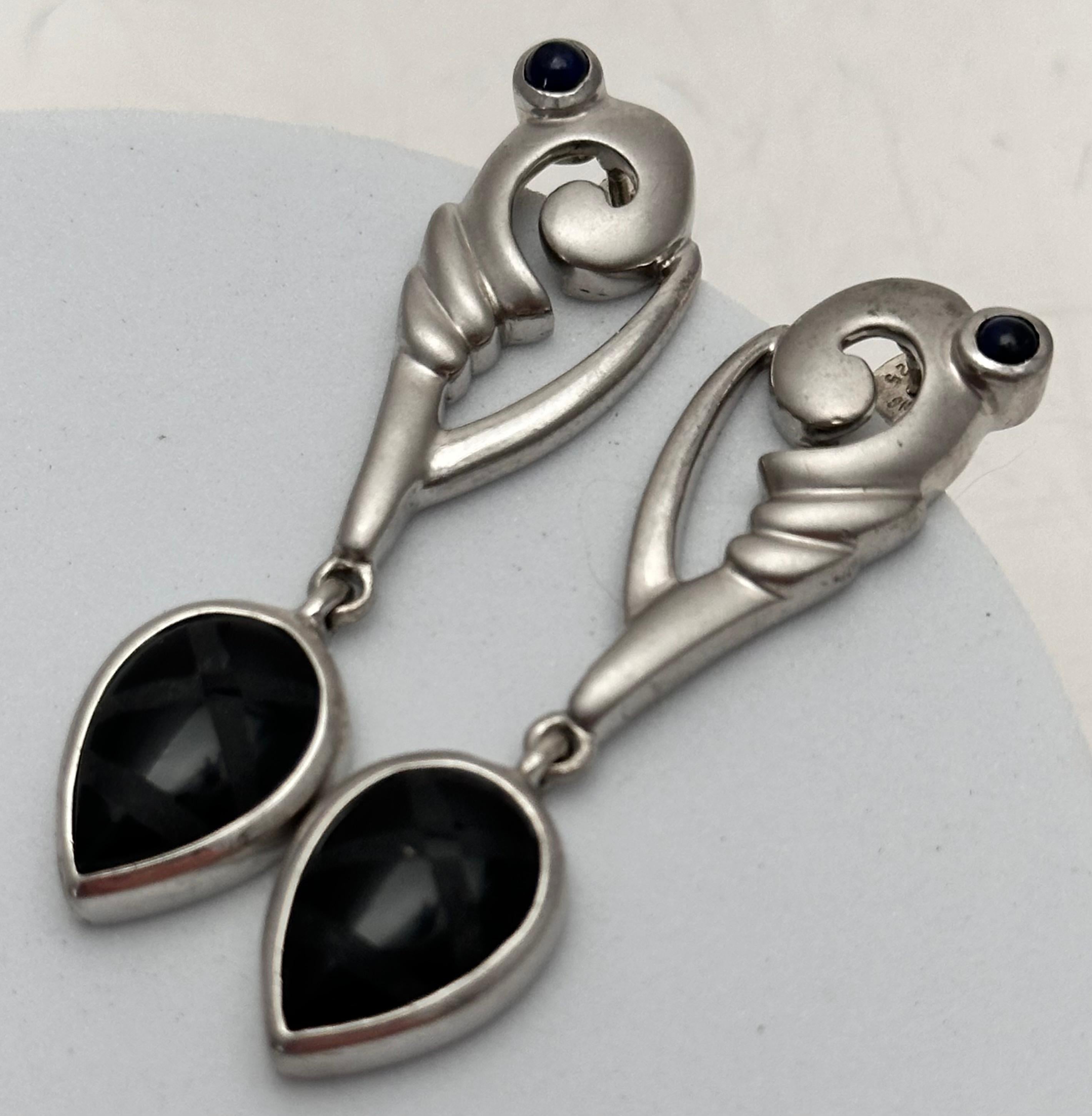 Artisan Sterling Silver .925 4mm Sapphire Cabs Pear Shape Onyx 1/2