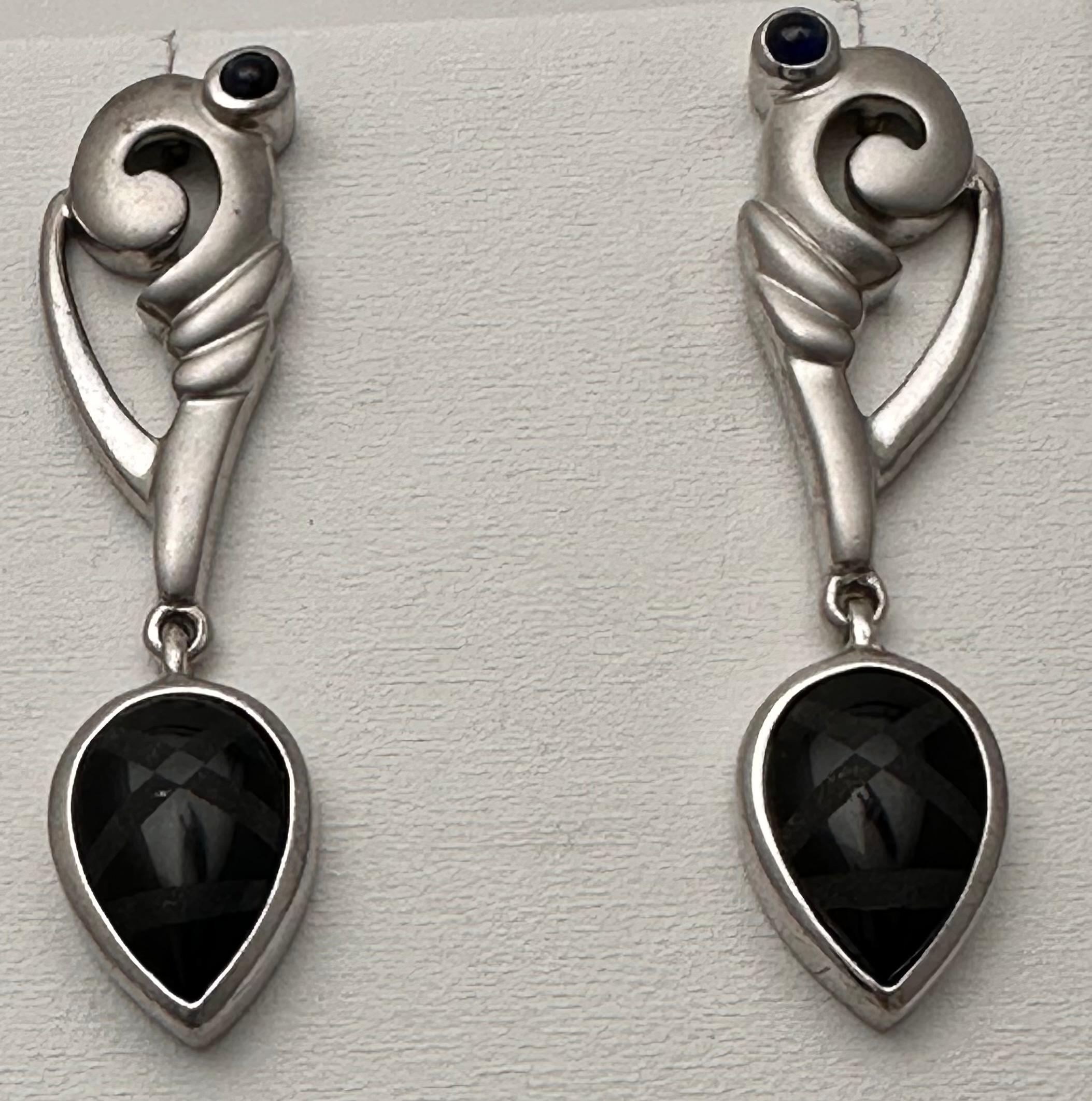 Sterling Silver .925 4mm Sapphire Cabs Pear Shape Onyx 1/2