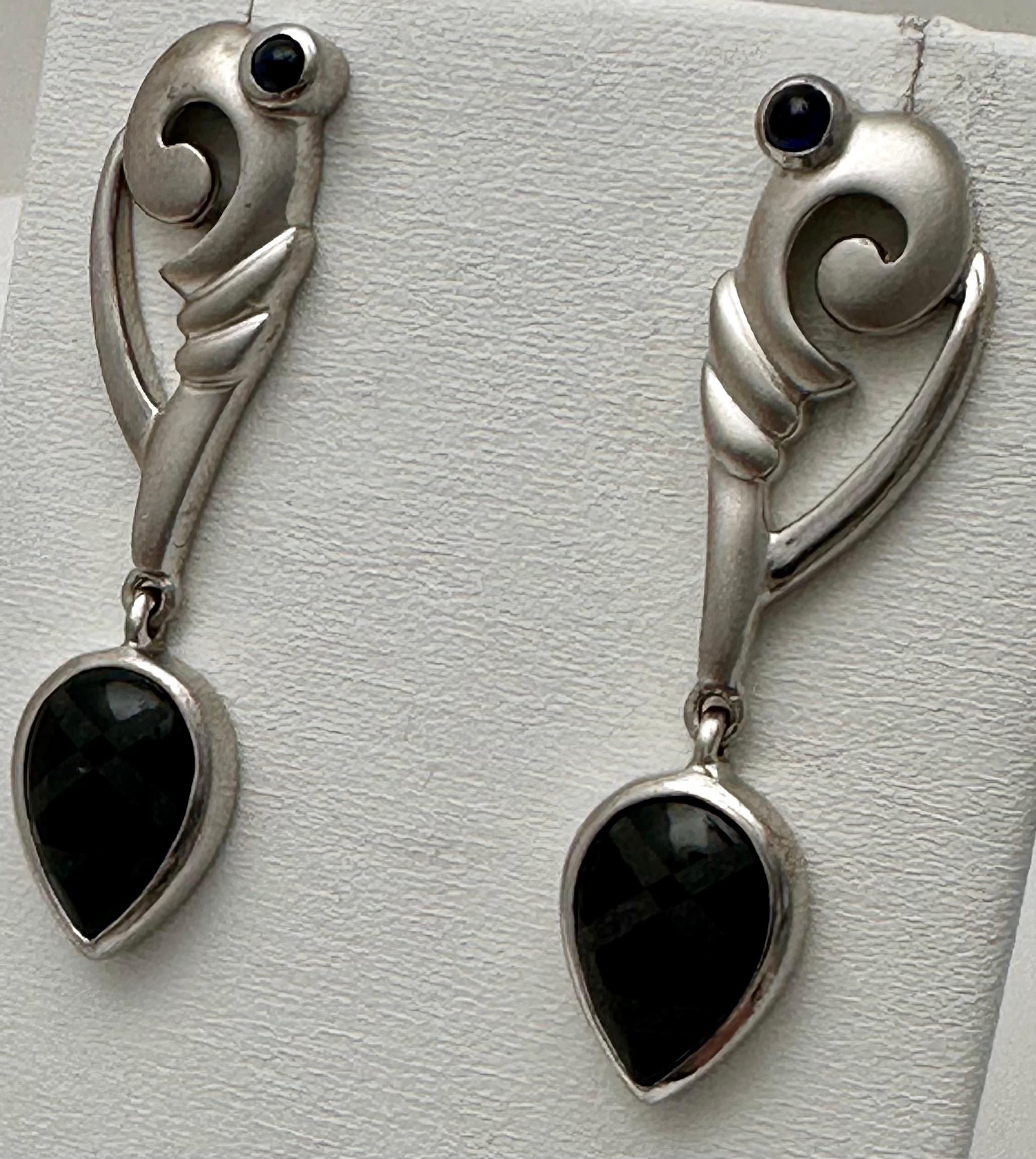 Sterling Silver .925 4mm Sapphire Cabs Pear Shape Onyx 1/2