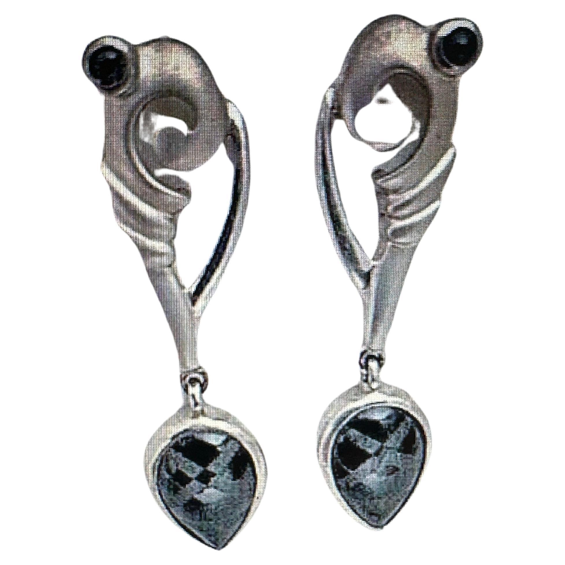 Sterling Silver .925 4mm Sapphire Cabs Pear Shape Onyx 1/2" x 2" Dangle Earrings For Sale