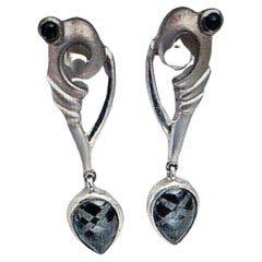 Sterling Silver .925 4mm Sapphire Cabs Pear Shape Onyx 1/2" x 2" Dangle Earrings