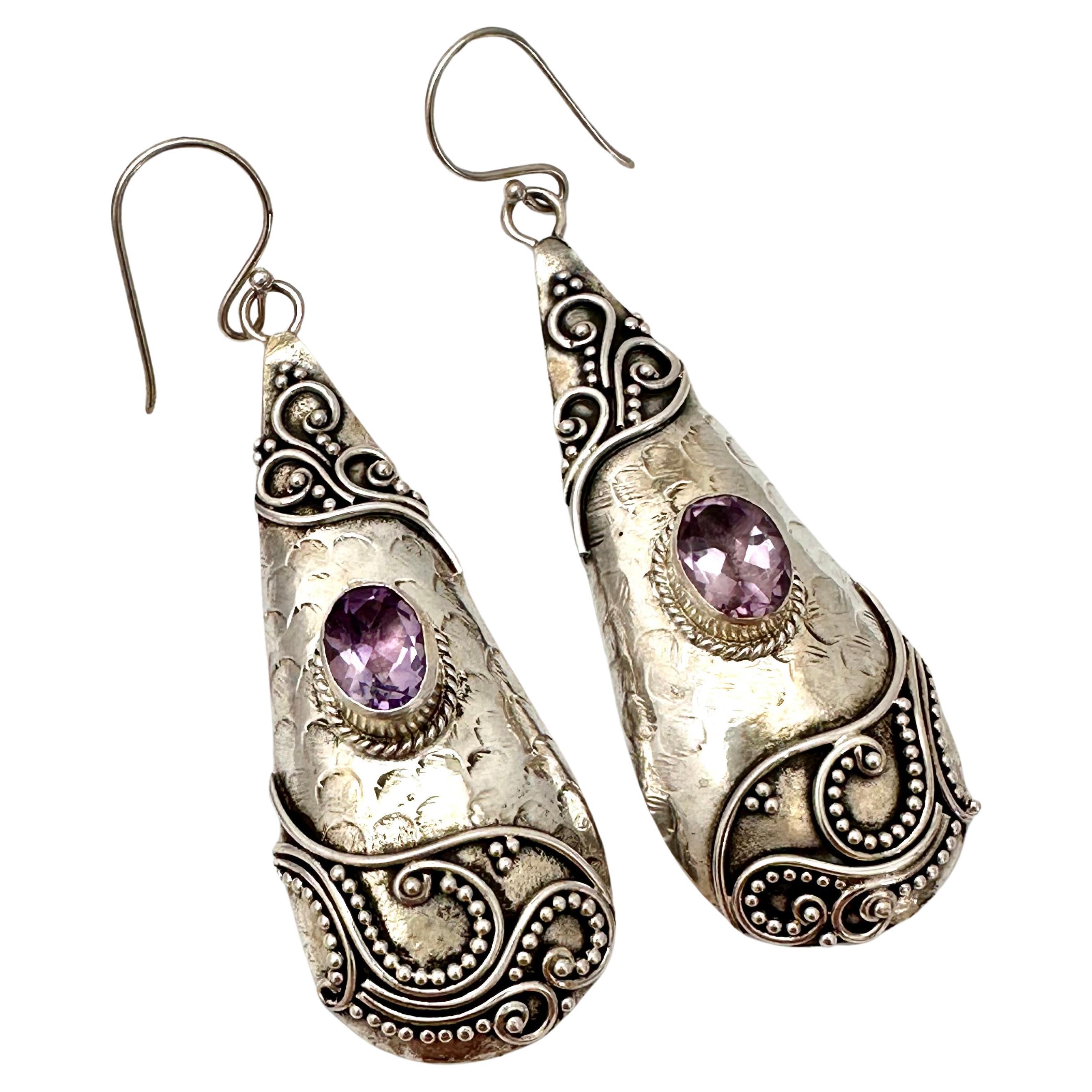 Sterling Silver .925 ~ Amethyst ~ 1" x 2 3/4" Pear Shape Dangle Earrings For Sale