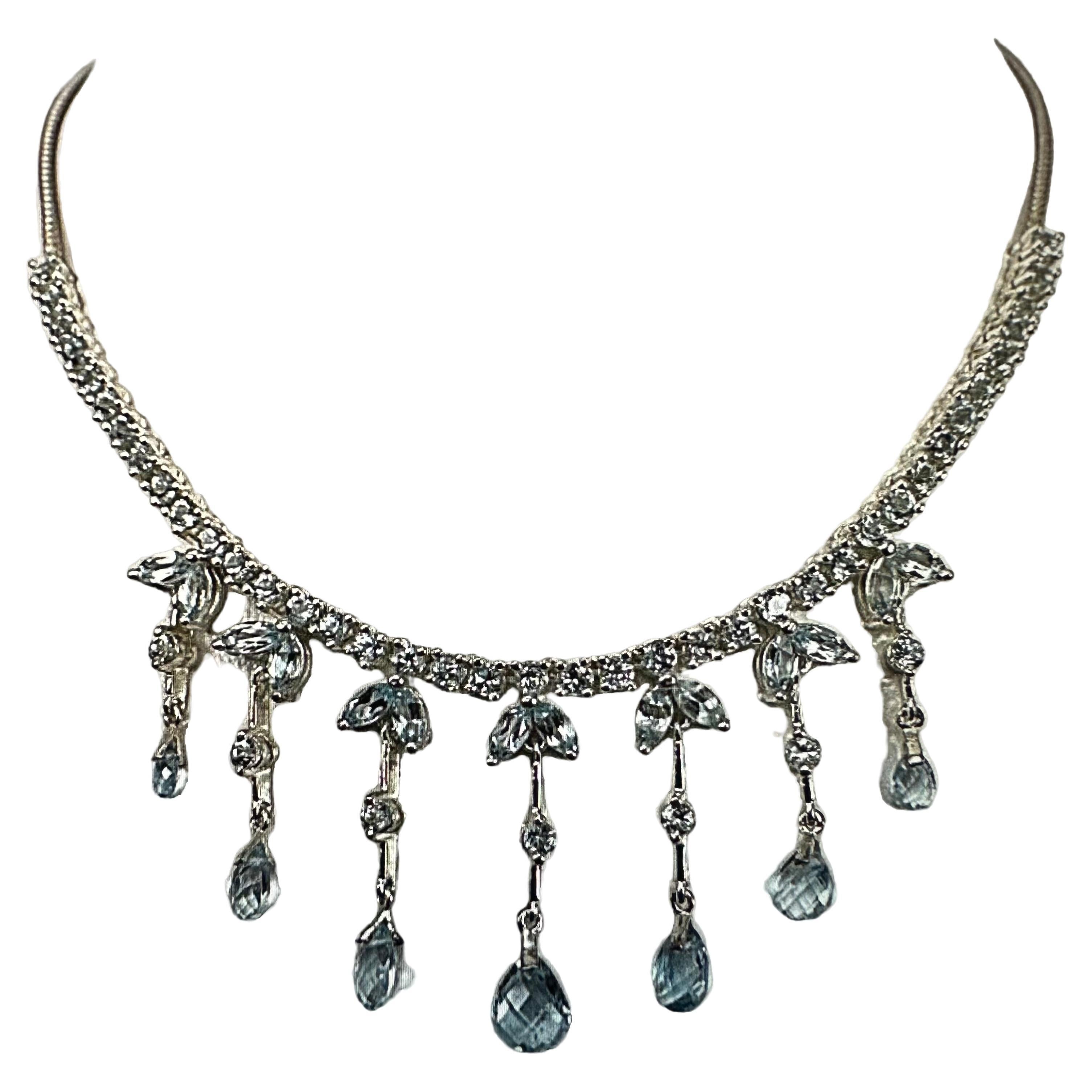 Sterling Silver .925 ~ Blue Crystals and Blue Topaz 16 1/2" Bib Necklace Choker For Sale