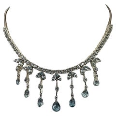 Sterling Silver .925 ~ Blue Crystals and Blue Topaz 16 1/2" Bib Necklace Choker