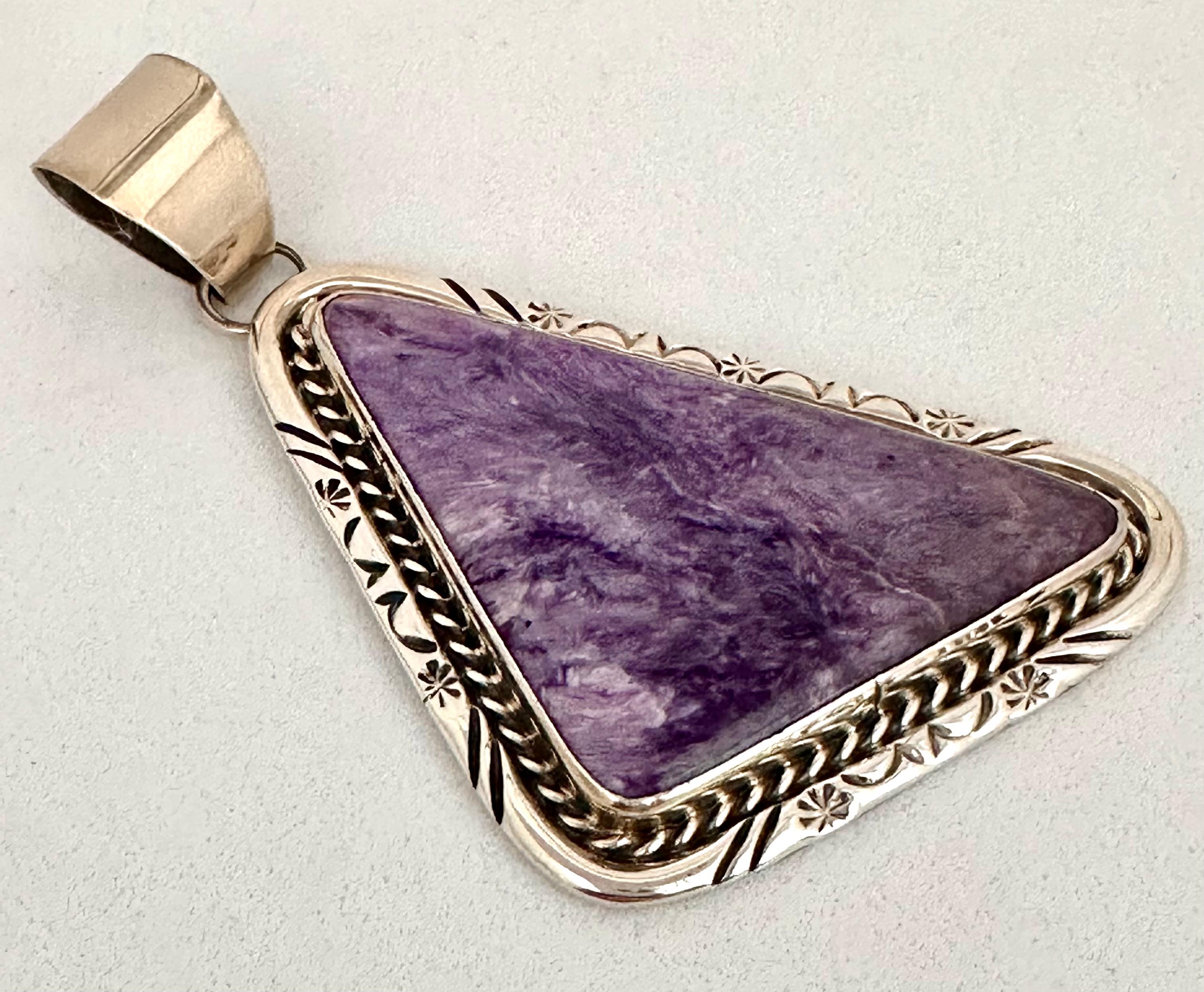Cabochon Sterling Silver .925 Charoite Pendant Signed by Bill Mex Dineh's For Sale