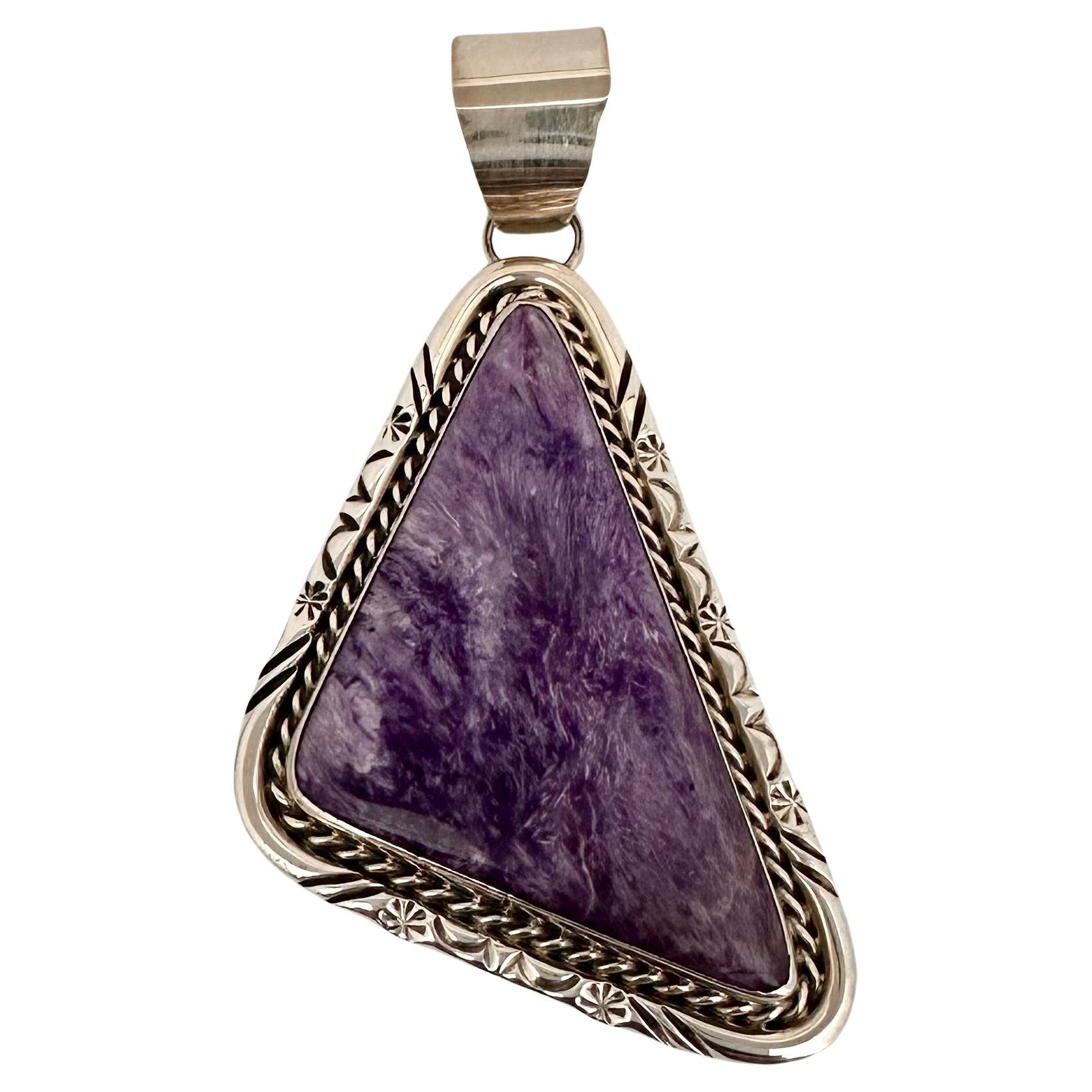 Sterling Silver .925 Charoite Pendant Signed by Bill Mex Dineh's For Sale