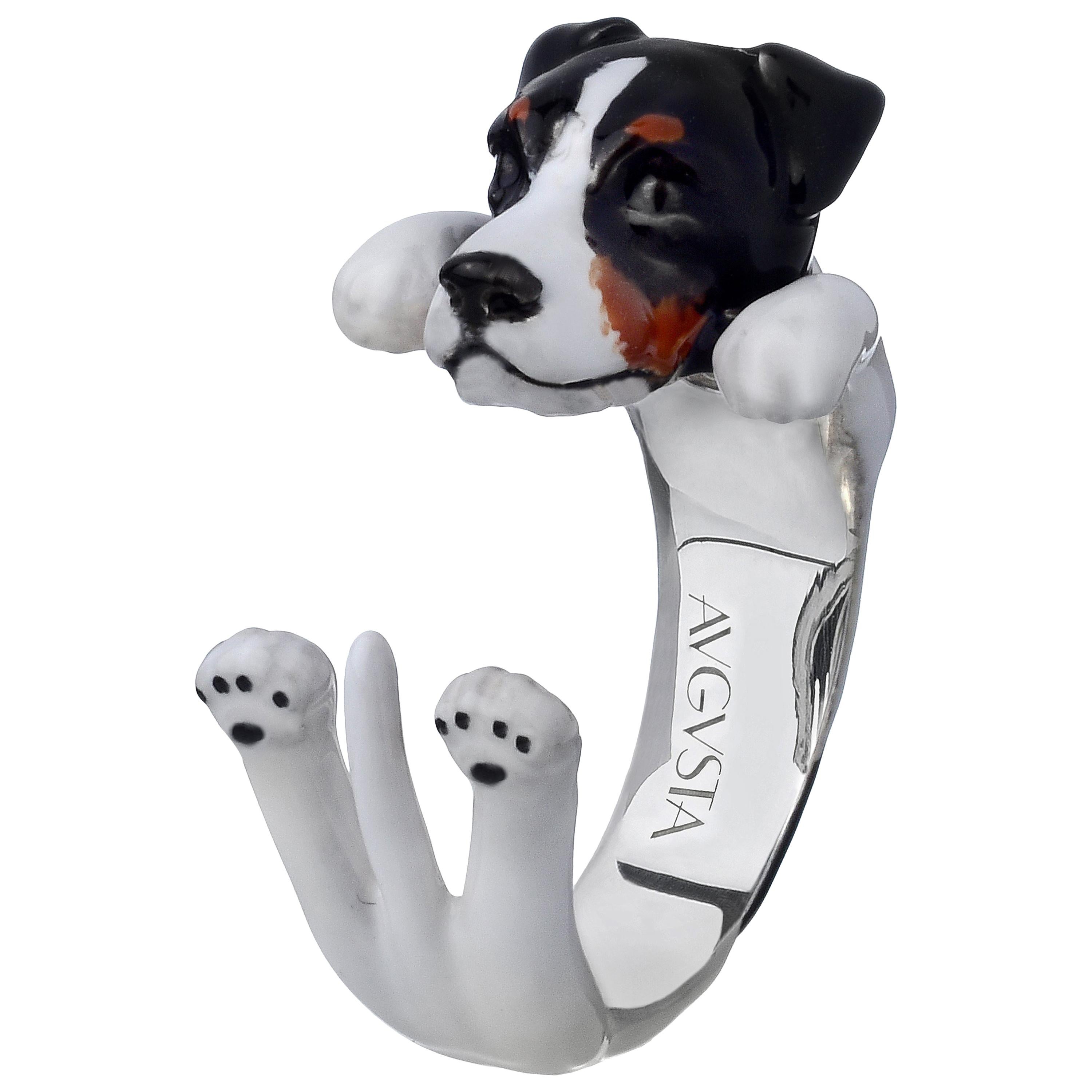 Bague personnalisable chien Jack Russell en argent sterling 925 émaillé noir, brun et blanc en vente