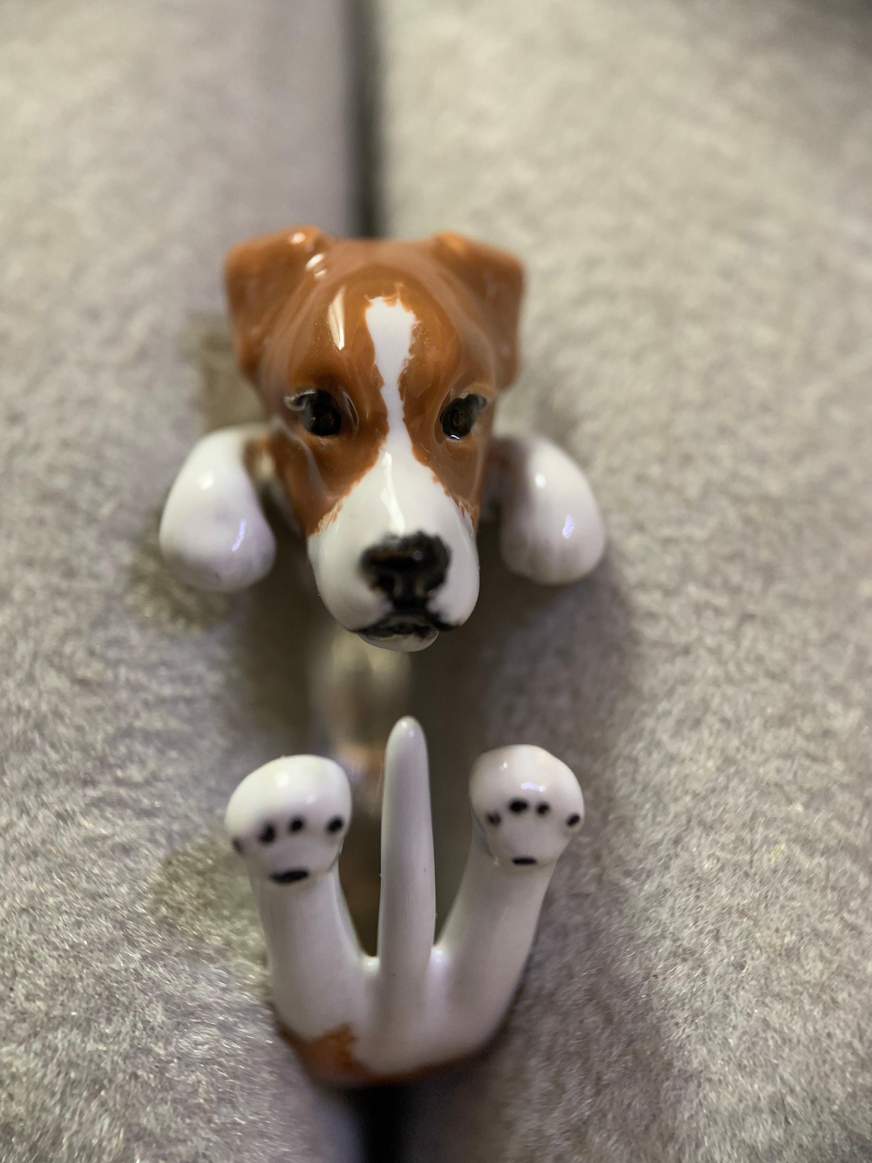 For Sale:  Sterling Silver 925 Enamel Brown and White Jack Russell Dog Customizable Ring 2